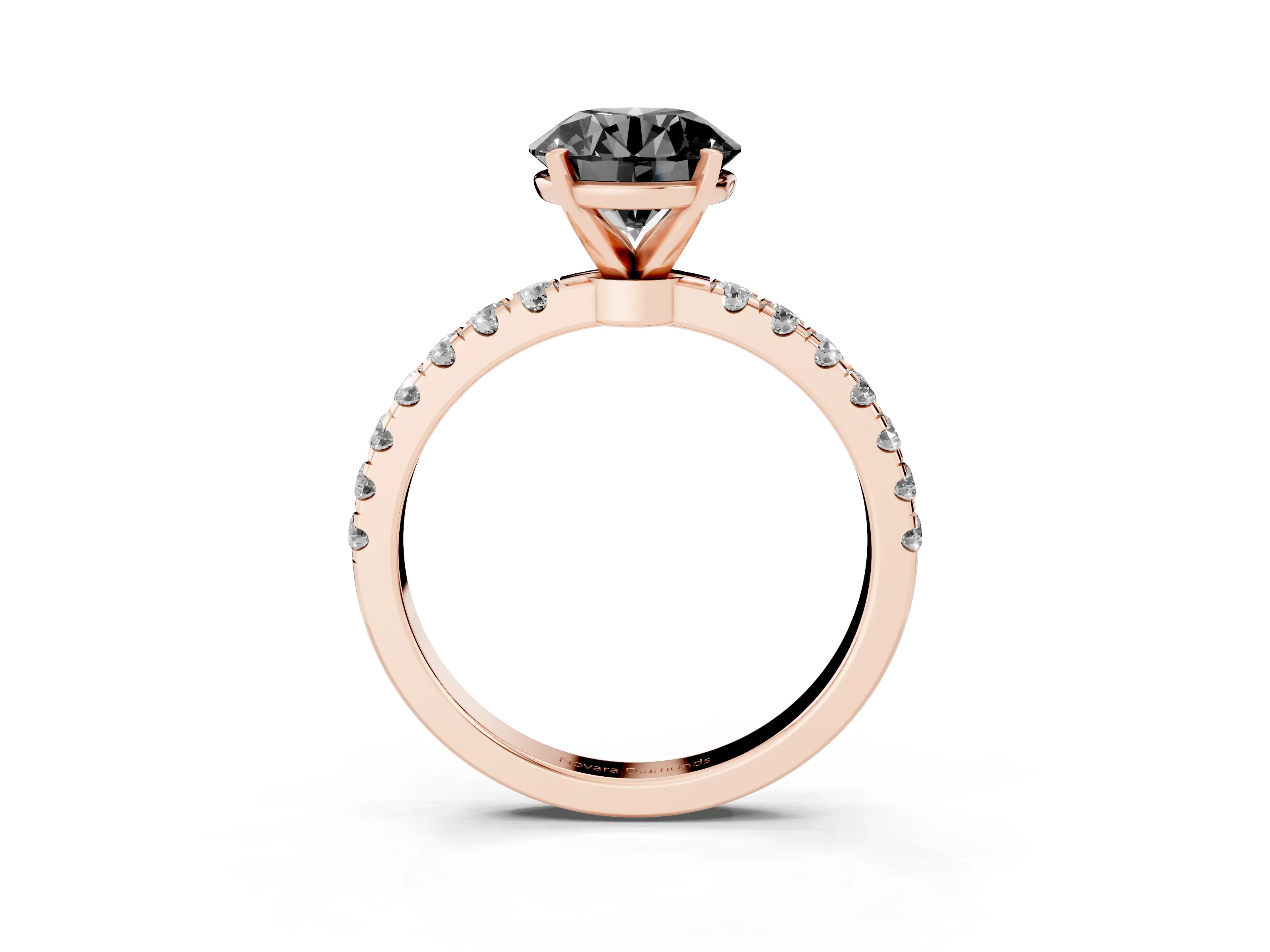 Fancy Black Round Cut Diamond Solitaire Ring Set in Rose gold with Pavé Accents and Prong Setting