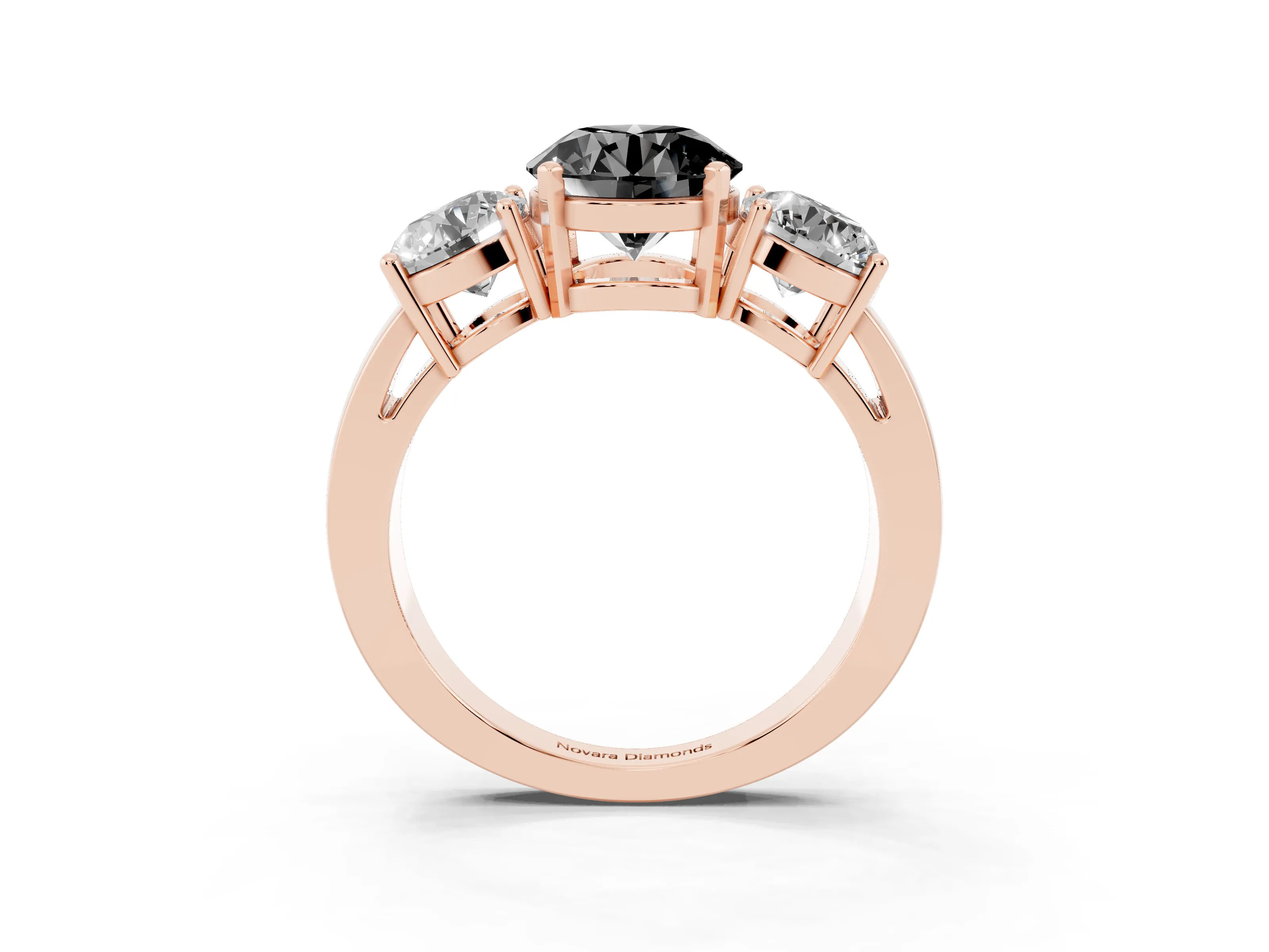 Fancy Black Round Cut Diamond Three-Stone Ring Set in Rose gold with Round Side Stones and Classic Band