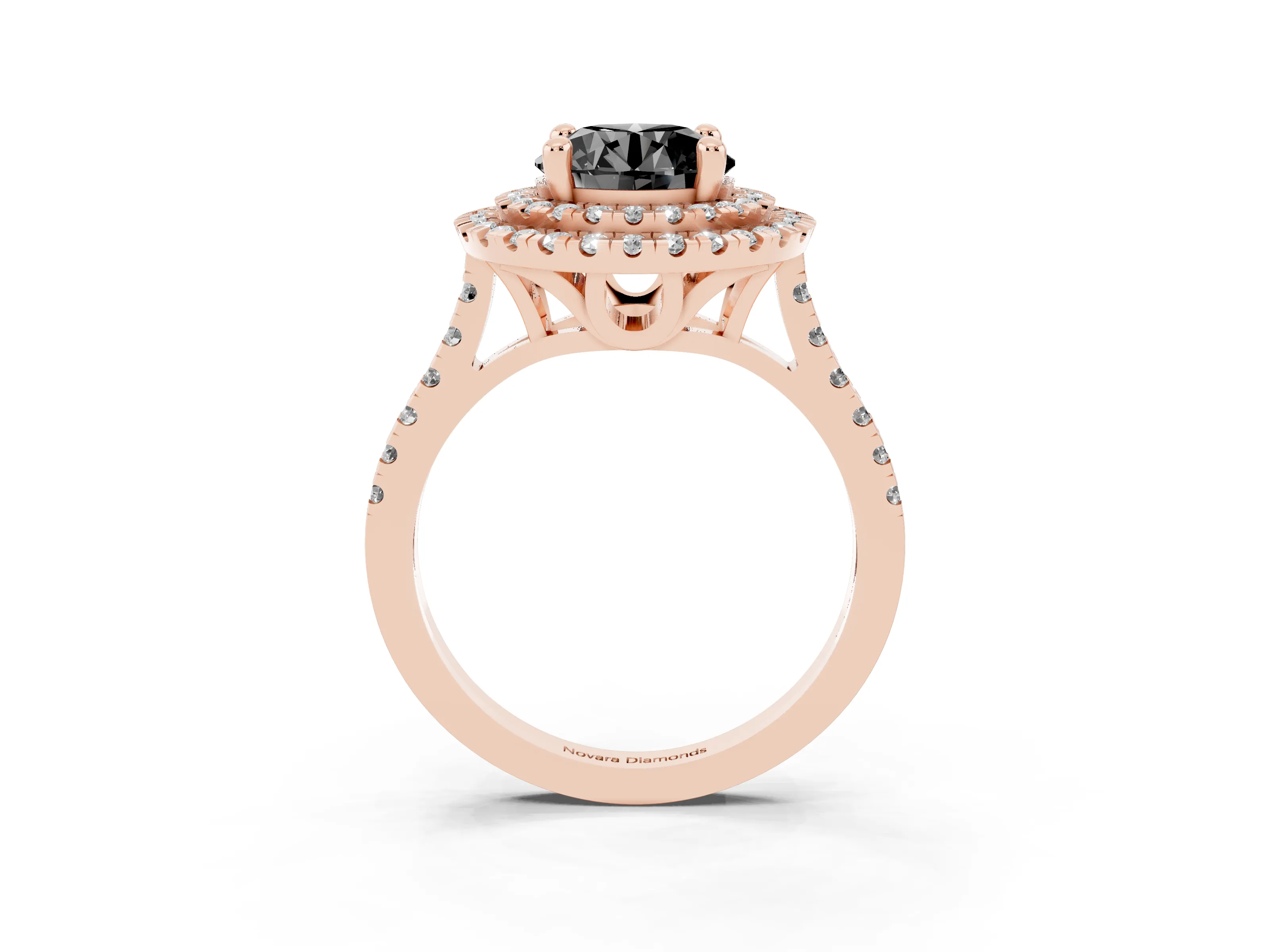Fancy Black Round Cut Diamond Double Halo Statement Ring Set in Rose gold with Pavé Band
