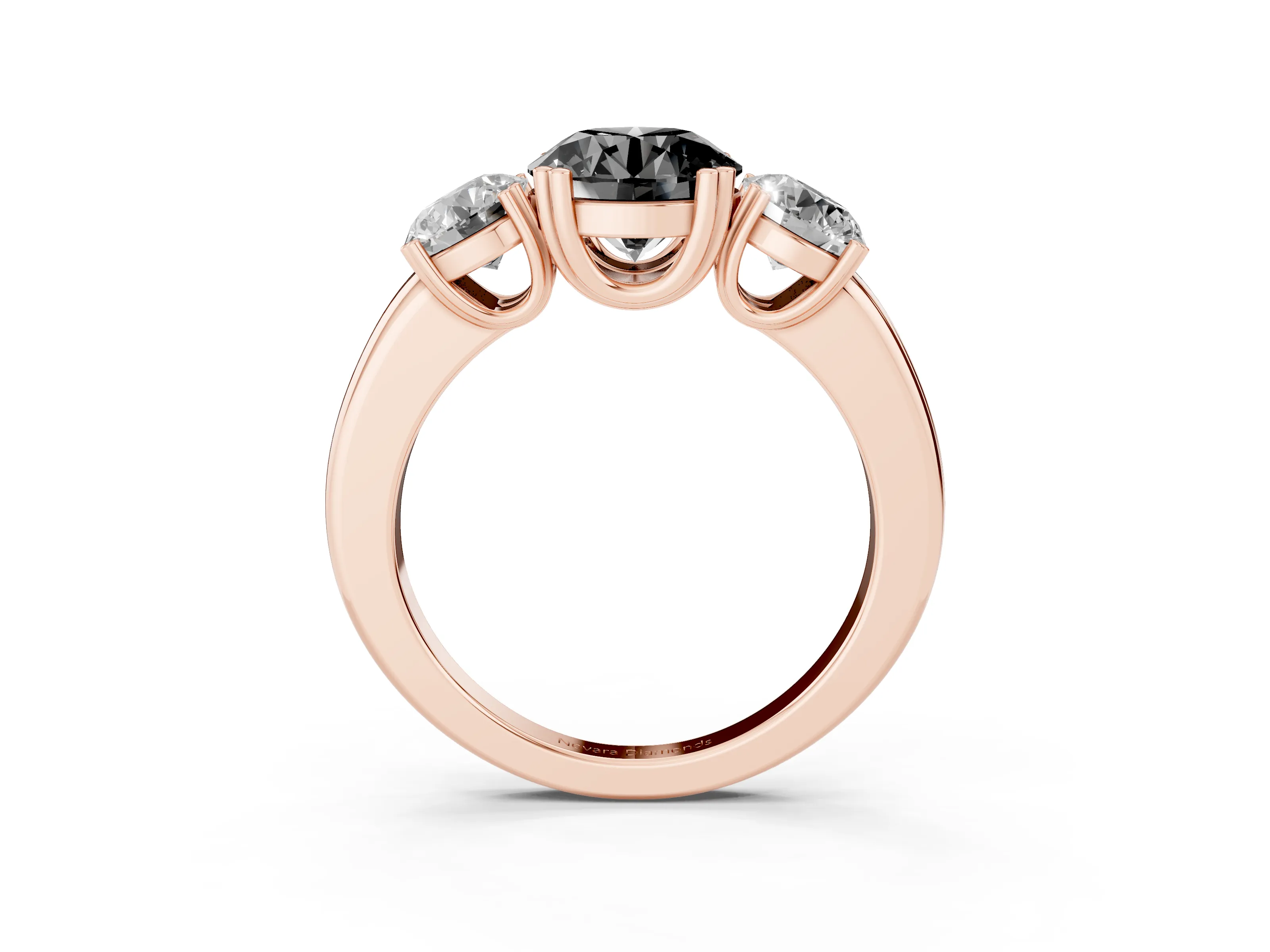 Fancy Black Round Cut Diamond Three-Stone Ring Set in Rose gold with Polished Channel-Set Band