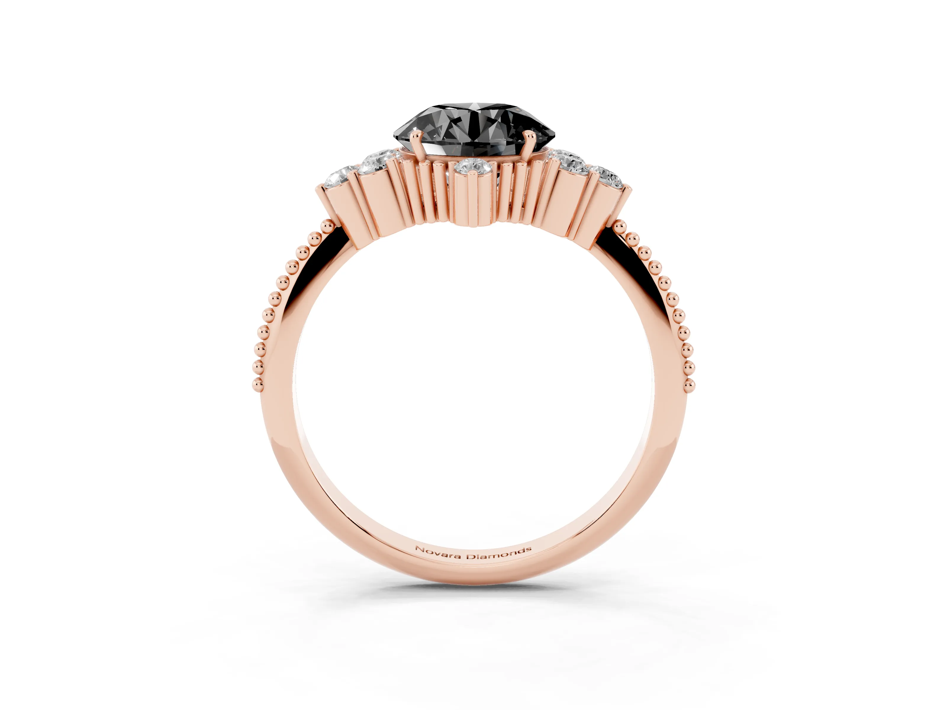 Fancy Black Round Cut Diamond Cluster Ring Set in Rose gold with Beaded Band
