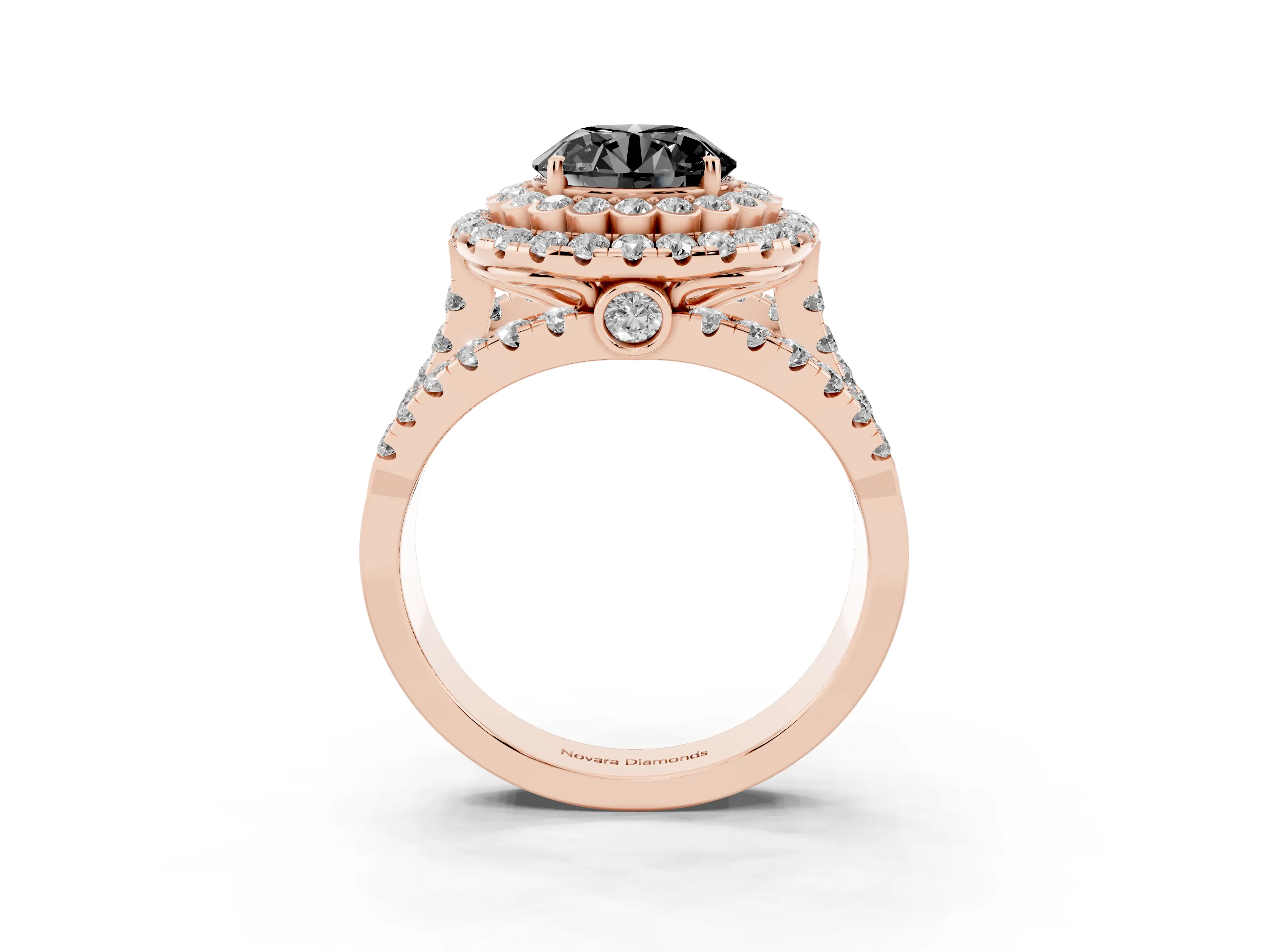Fancy Black Round Cut Diamond Double Halo Ring Set in Rose gold with Round Pavé Split Shank