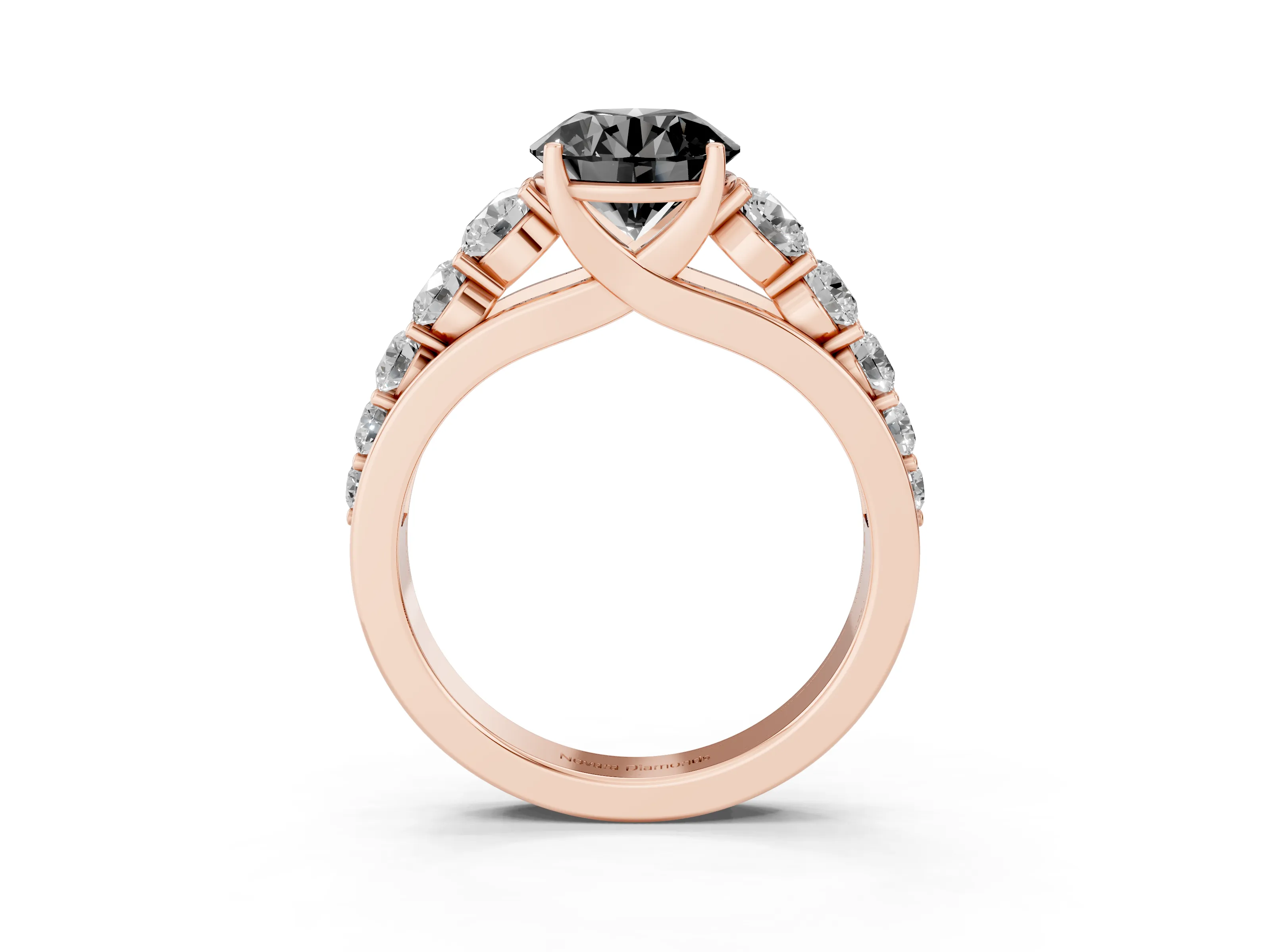 Fancy Black Round Cut Diamond Solitaire Ring Set in Rose gold with Pavé-Set Band and Prong Setting