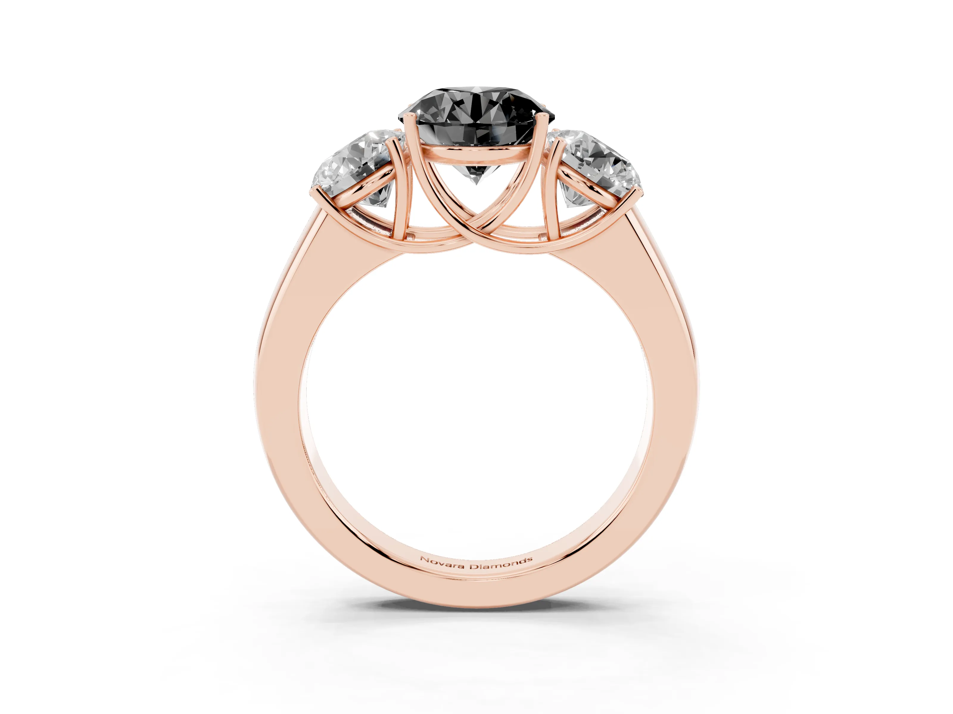 Fancy Black Three-Stone Round Cut Diamond Ring Set in Rose gold with Matching Prong Settings and Plain Band