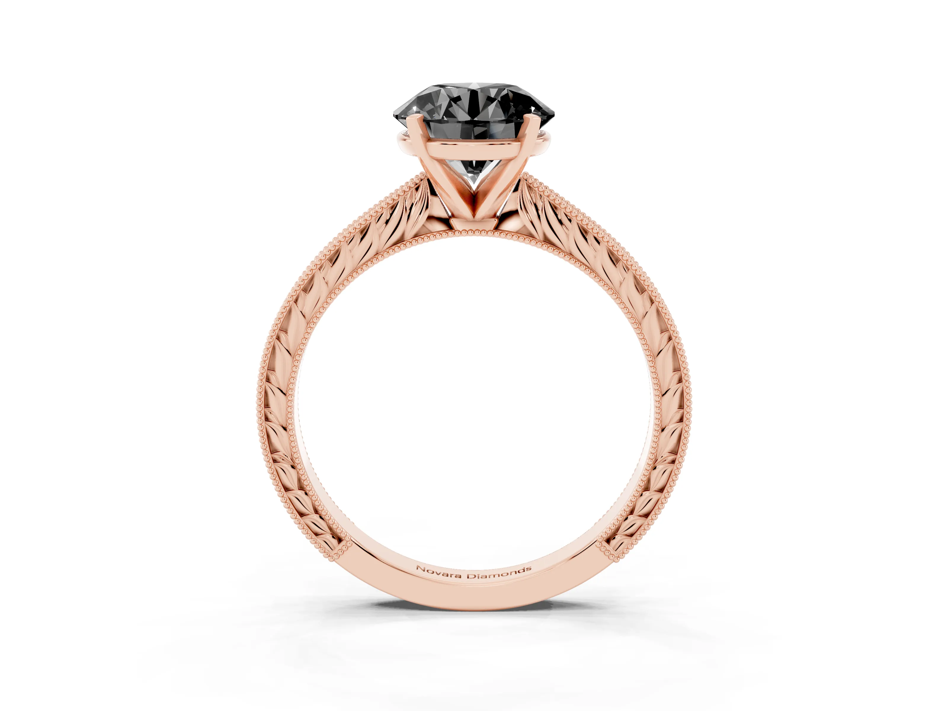Fancy Black Round Cut Diamond Solitaire Milgrain Engraved Band Set in Rose gold with Prong Setting
