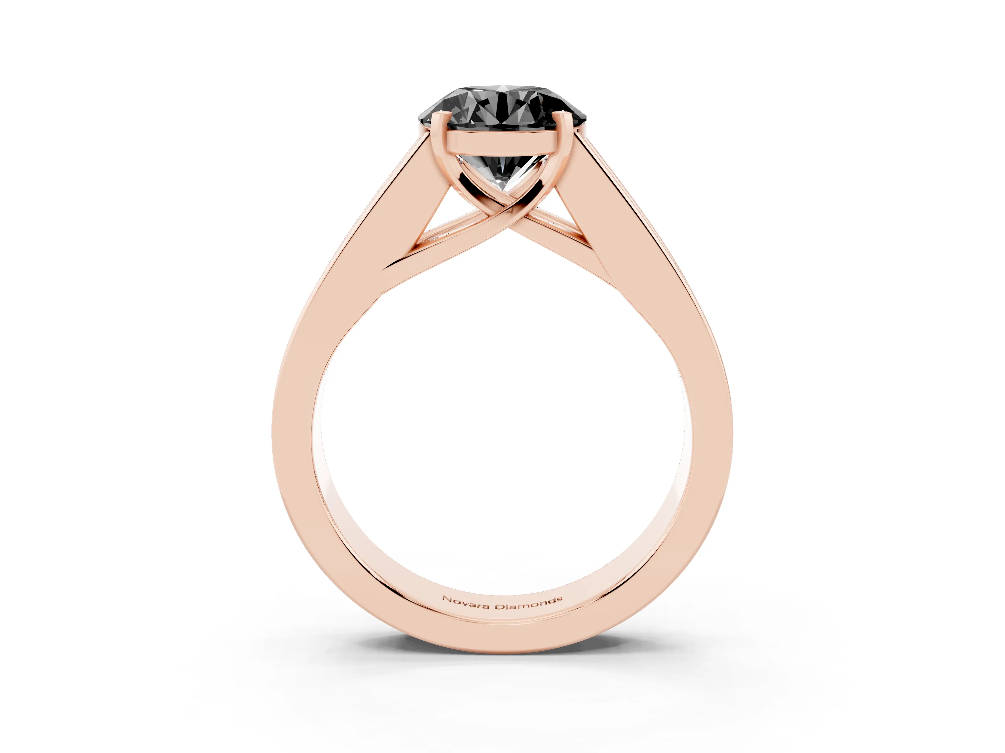 Fancy Black Round Cut Diamond Solitaire Ring Set in Rose gold with Channel-Set Accent Stones and Prong Setting