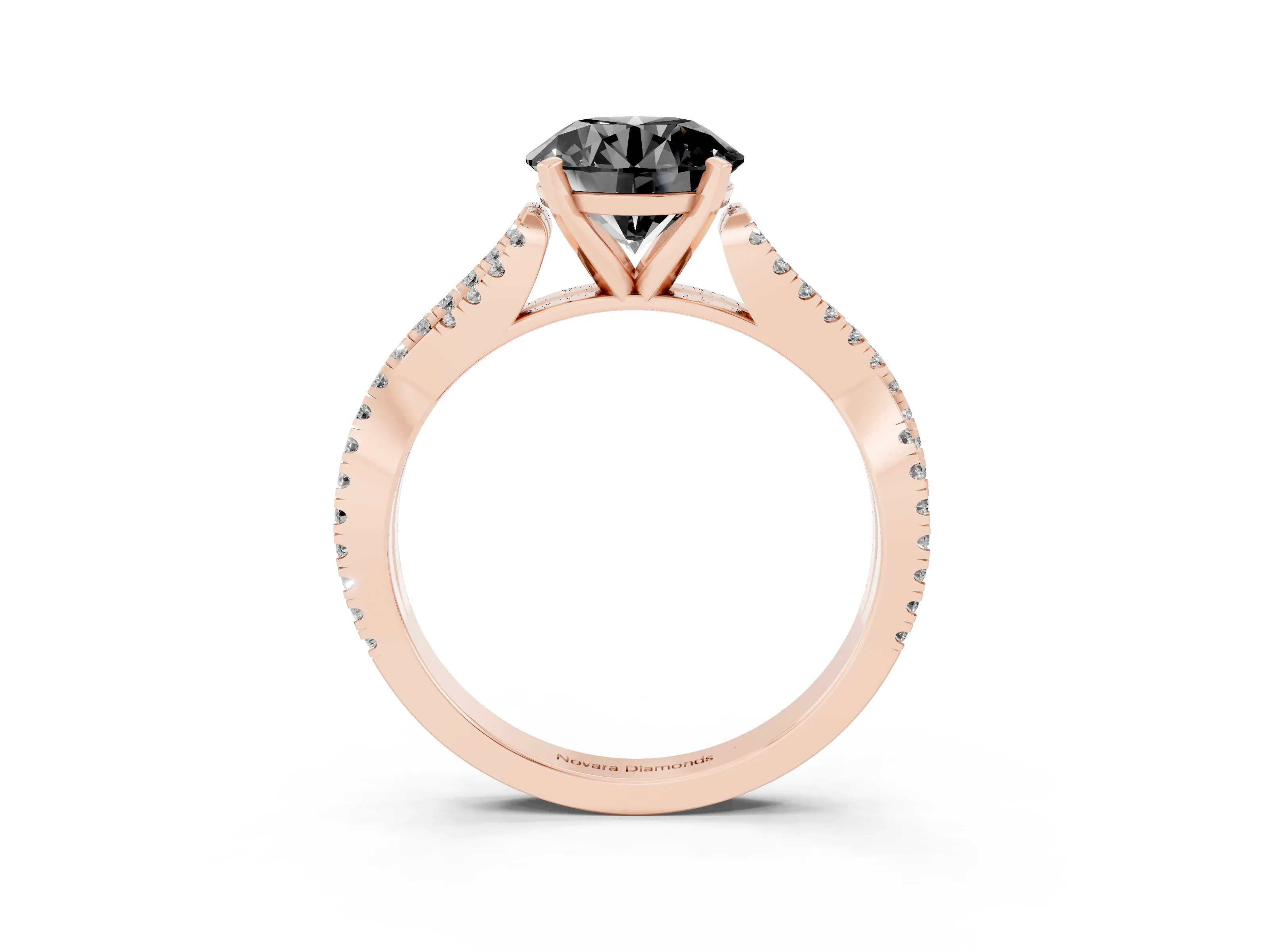 Fancy Black Round Cut Diamond Solitaire Engagement Ring Set in Rose gold with Twisted Pavé Band and Prong Setting