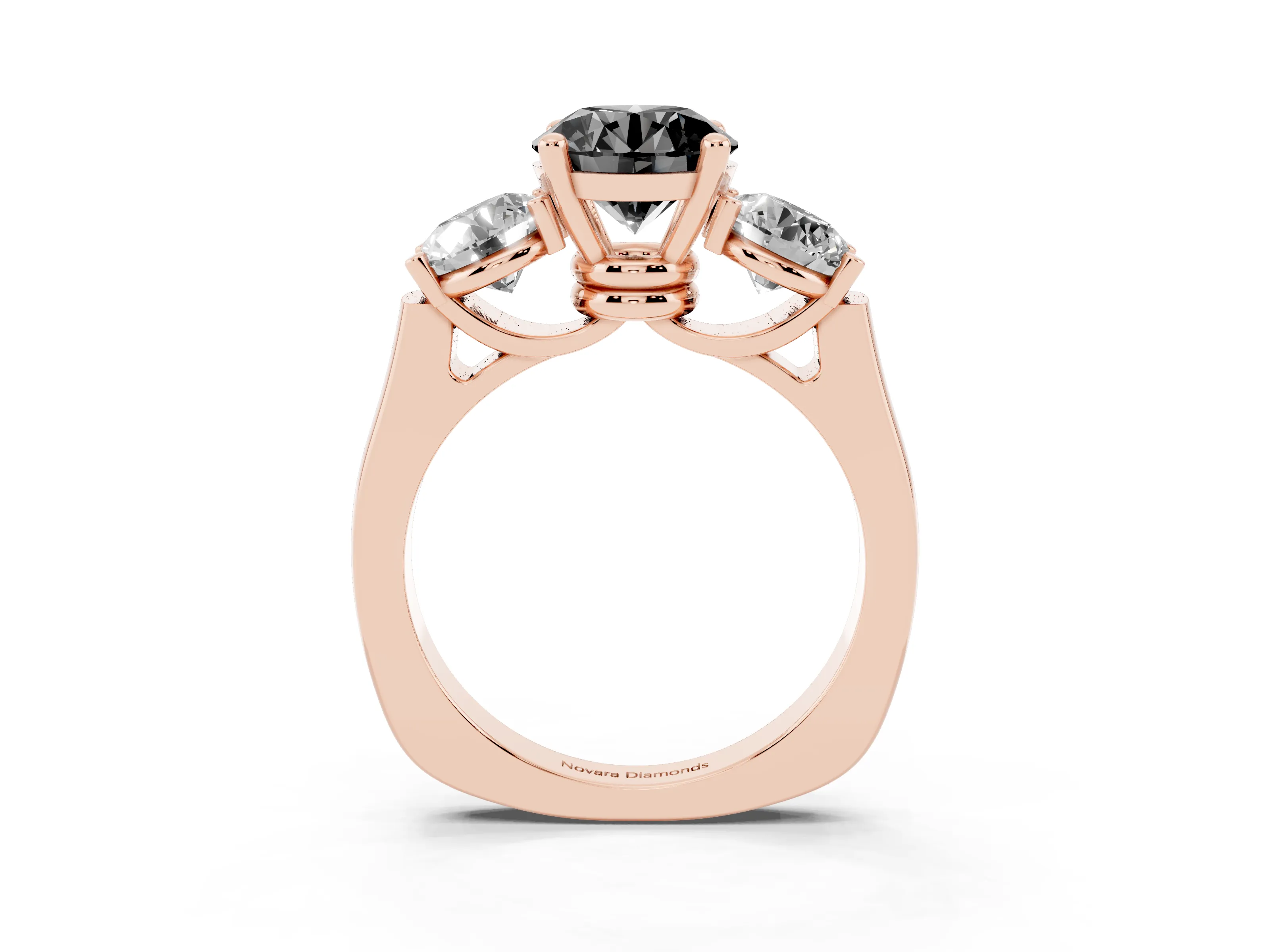 Fancy Black Round Cut Diamond Three-Stone Trellis Ring Set in Rose gold with Comfort Fit Band