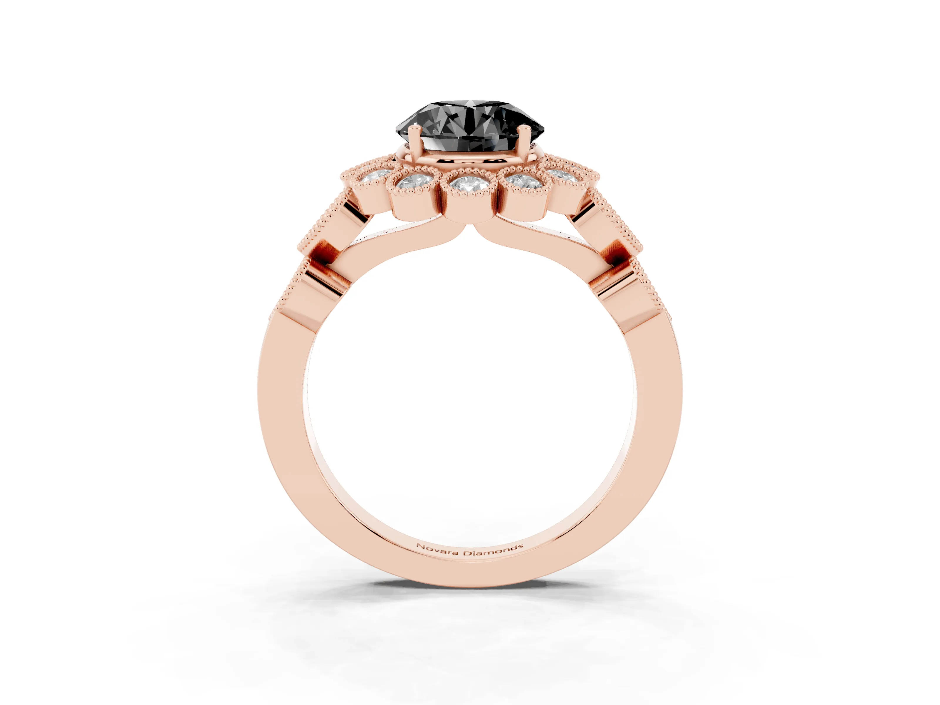 Fancy Black Round Cut Diamond Solitaire Ring Set in Rose gold with Milgrain Pavé Heart Band