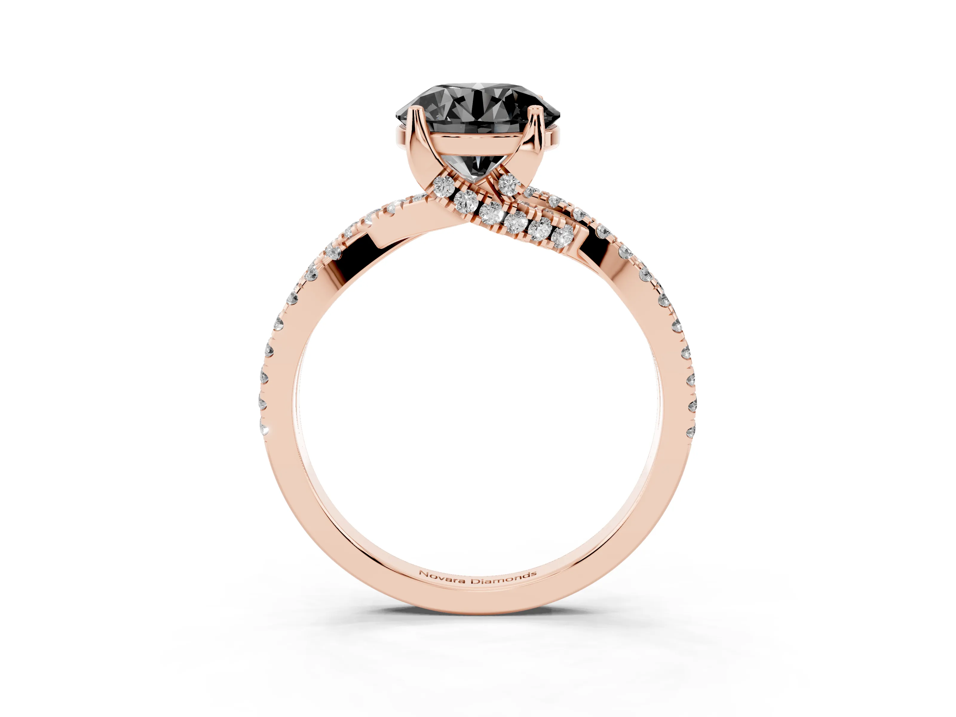 Fancy Black Round Cut Diamond Twist Pavé Solitaire Engagement Ring Set in Rose gold with Prong Setting