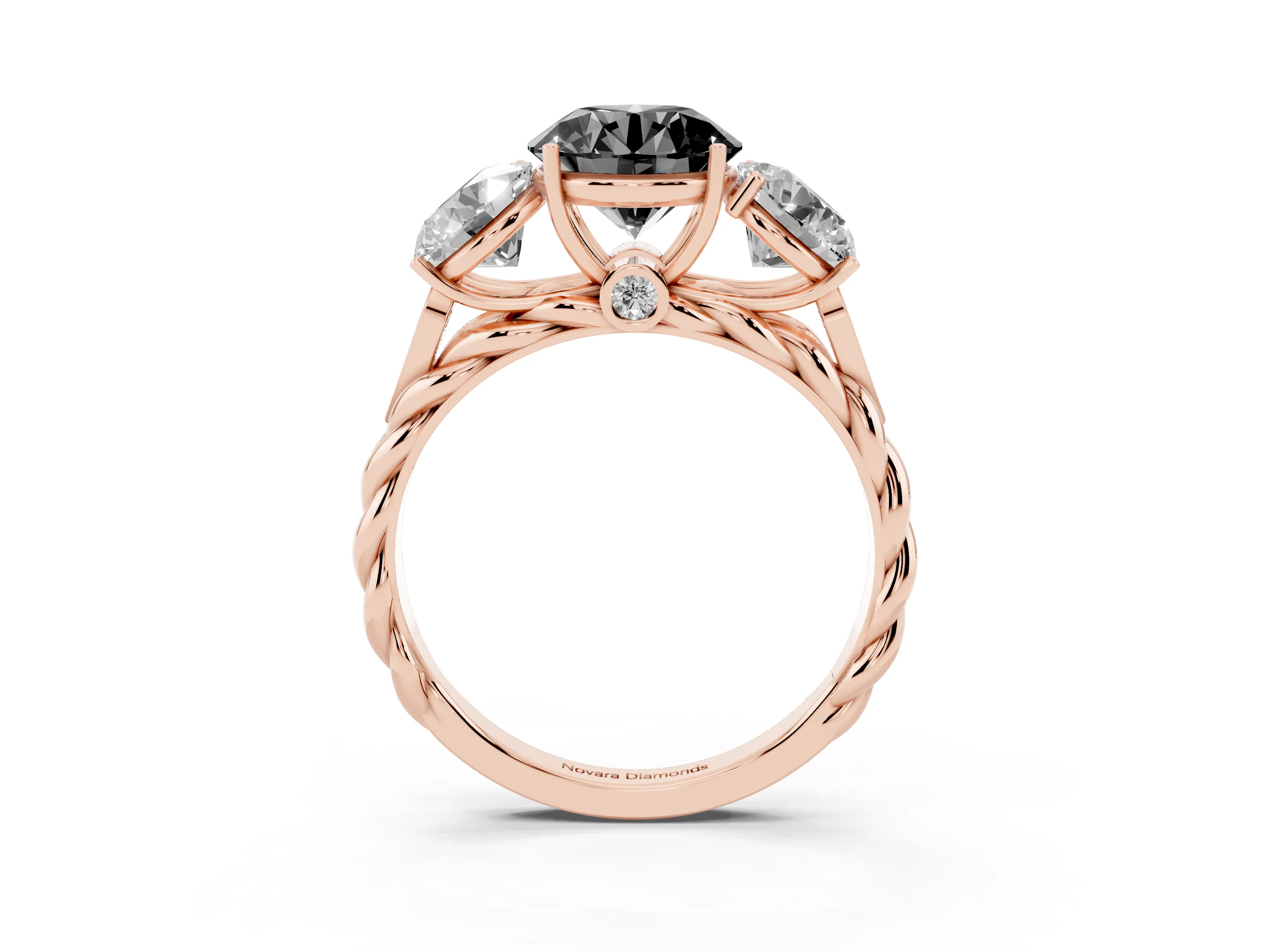 Fancy Black Round Cut Diamond Three-Stone Ring Set in Rose gold with Braided Band