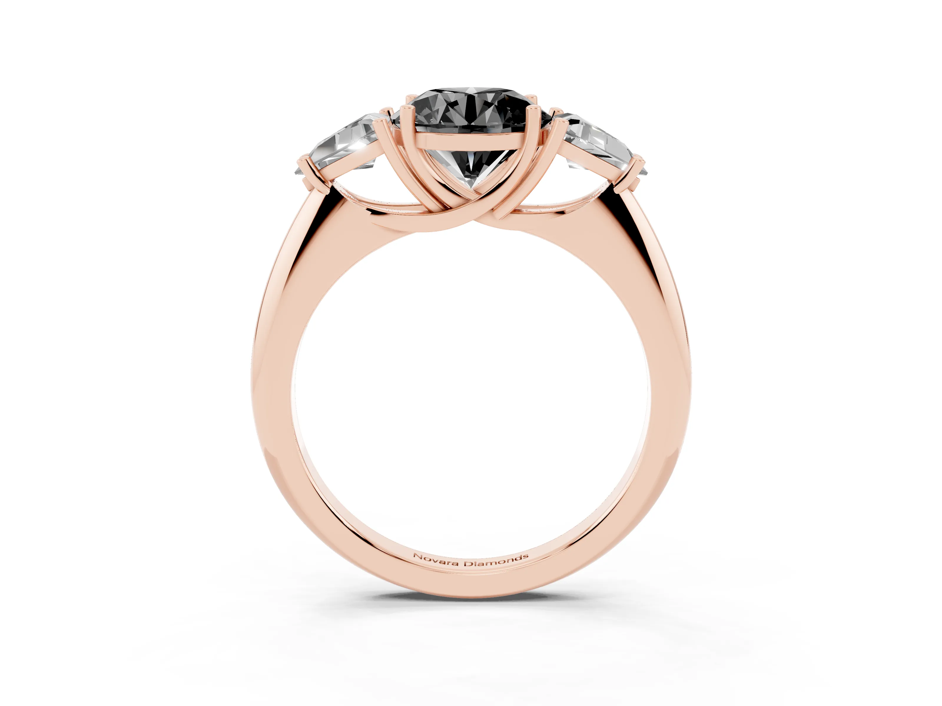 Fancy Black Round Cut Diamond Three-Stone Engagement Ring Set in Rose gold with Trillion Side Stones