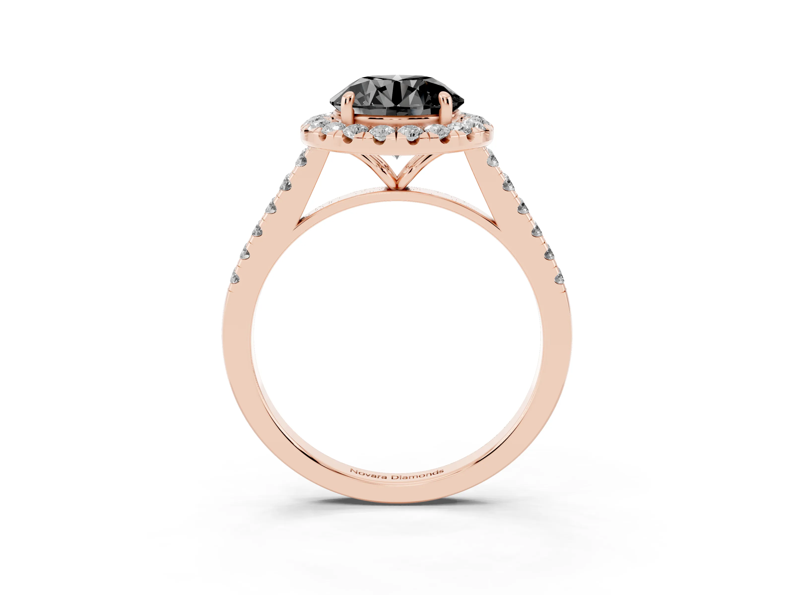 Fancy Black Round Cut Diamond Halo Pavé Engagement Ring Set in Rose gold with Prong Setting