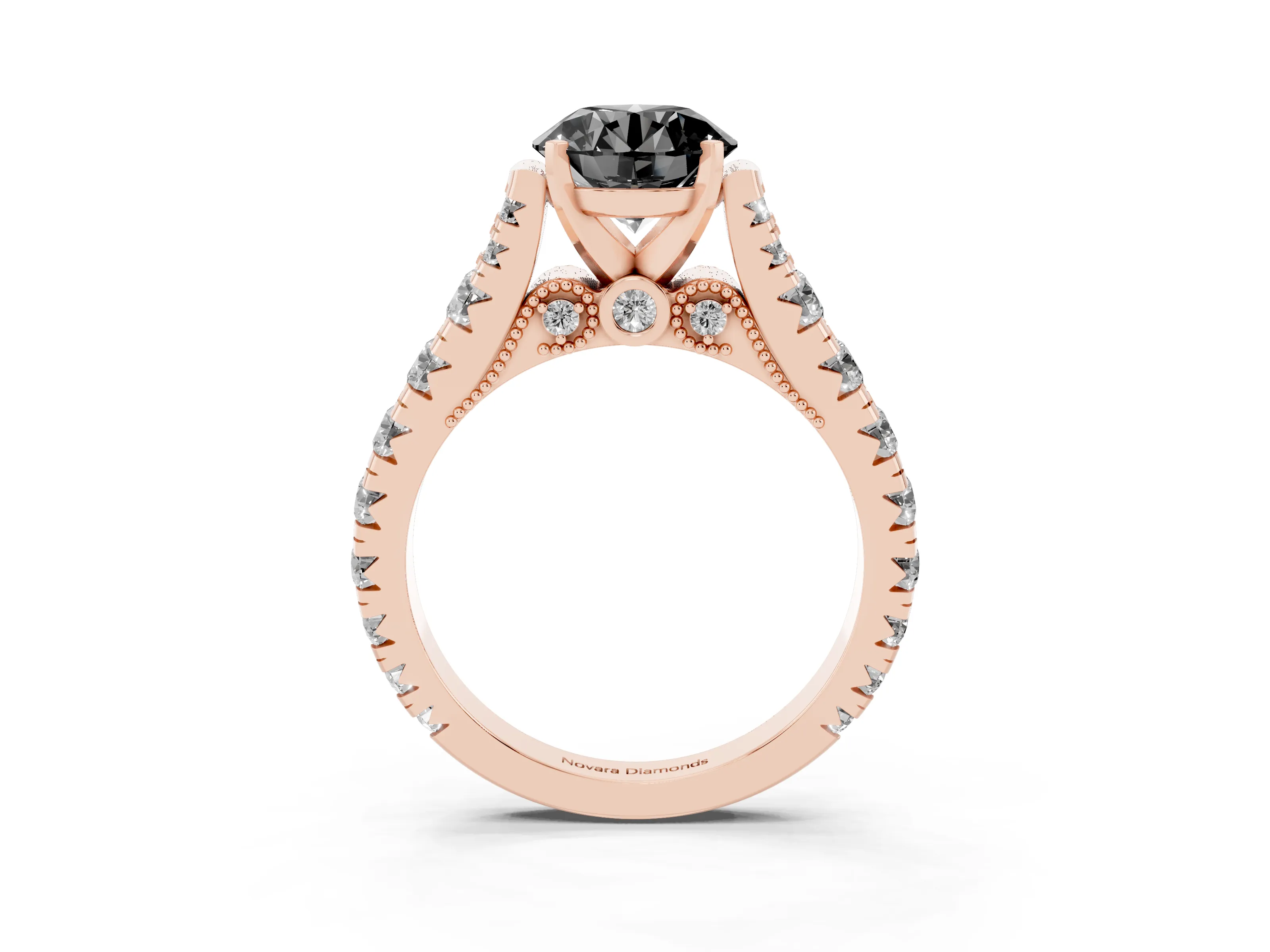 Fancy Black Round Cut Diamond Classic Solitaire Ring Set in Rose gold with Pavé Band and Prong Setting