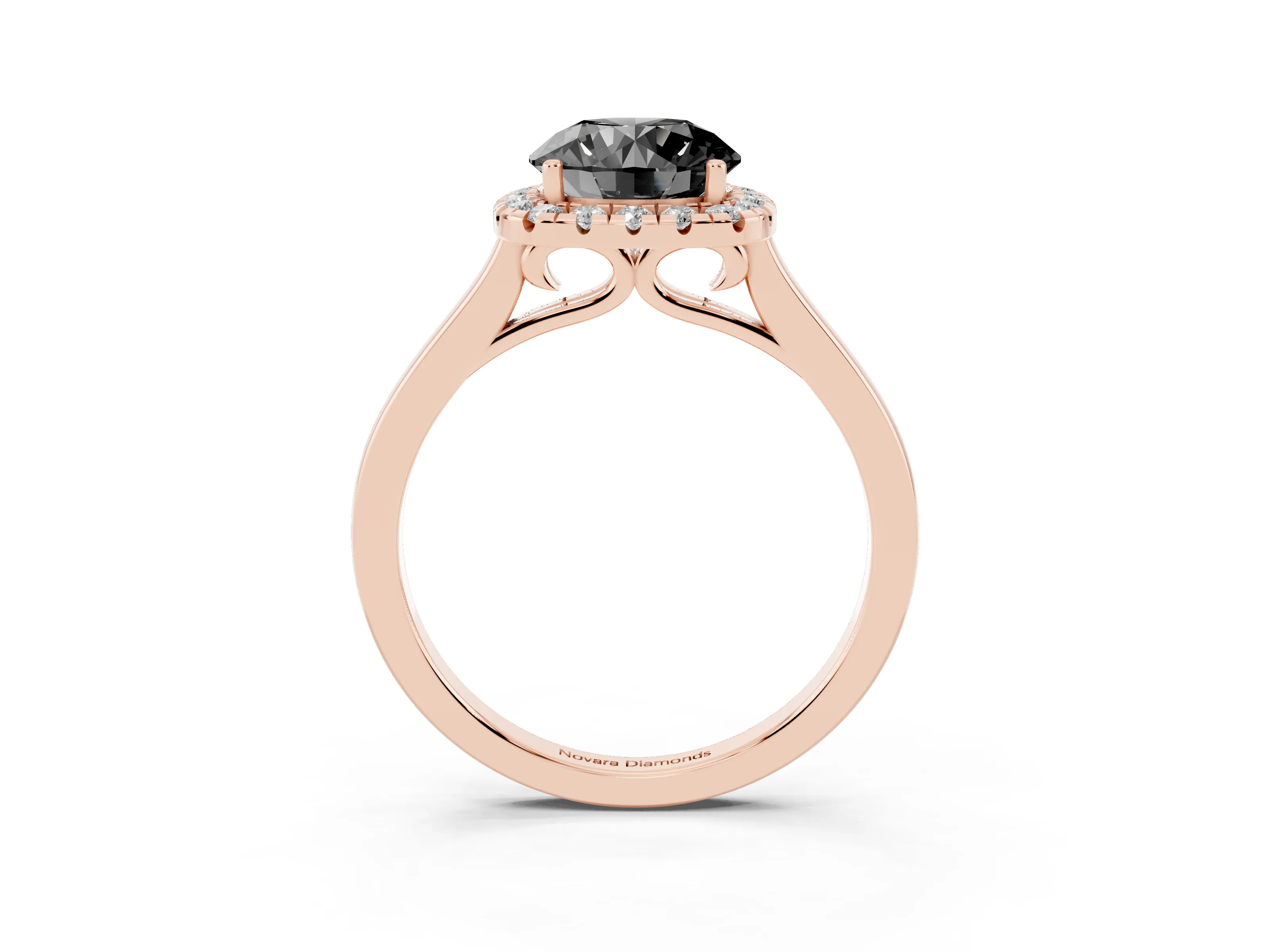 Fancy Black Round Cut Halo Round Diamond Solitaire Ring Set in Rose gold with Pavé Band and Prong Setting