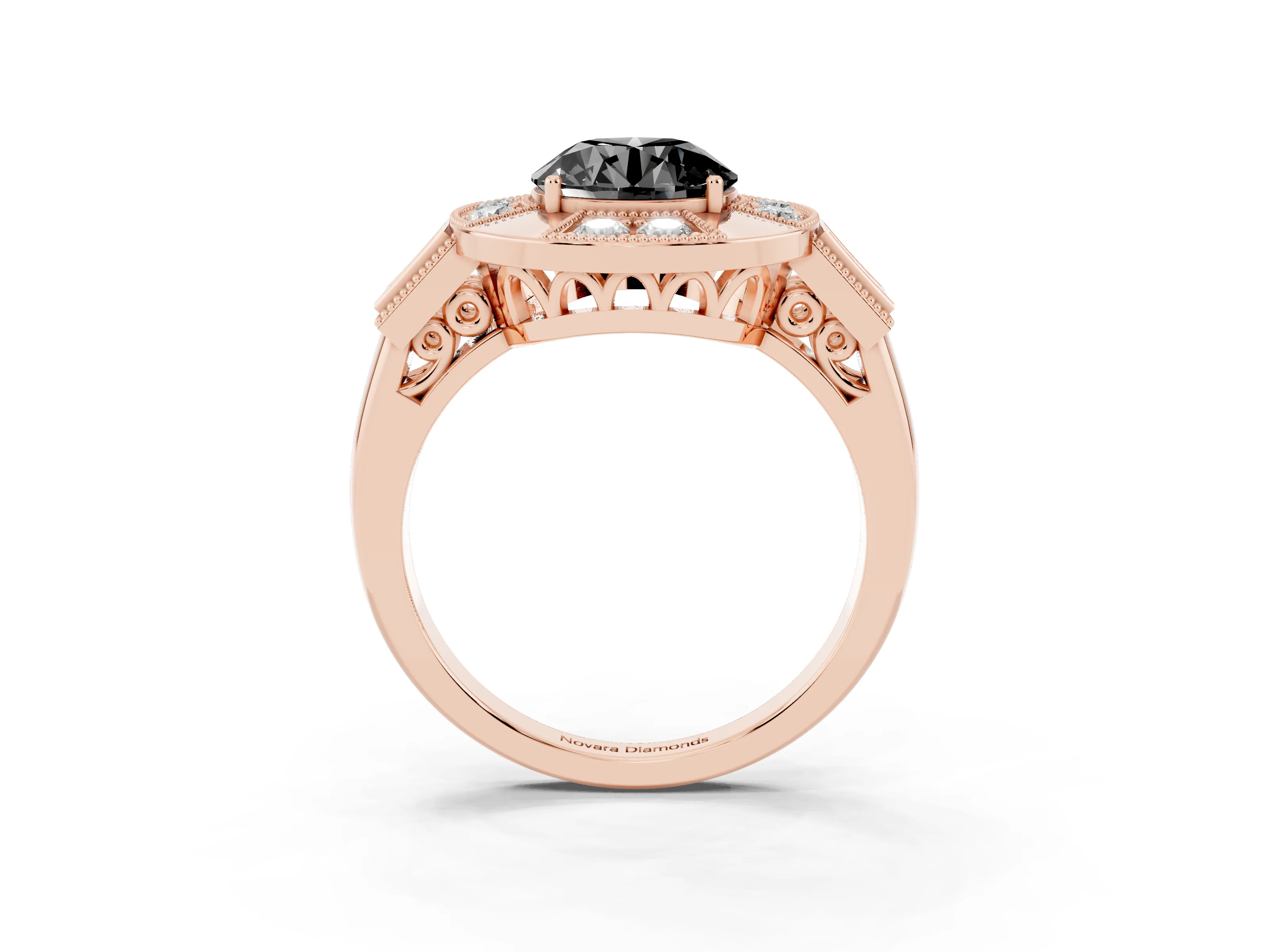 Fancy Black Round Cut Diamond Milgrain Halo Ring Set in Rose gold with Split Shank