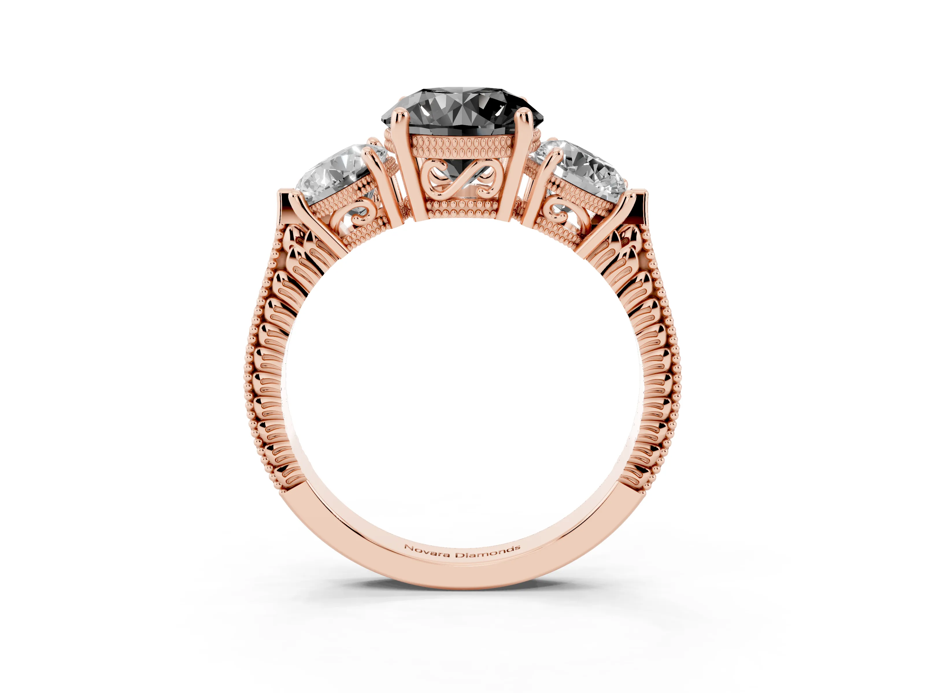 Fancy Black Round Cut Diamond Three-Stone Ring Set in Rose gold with Milgrain Band
