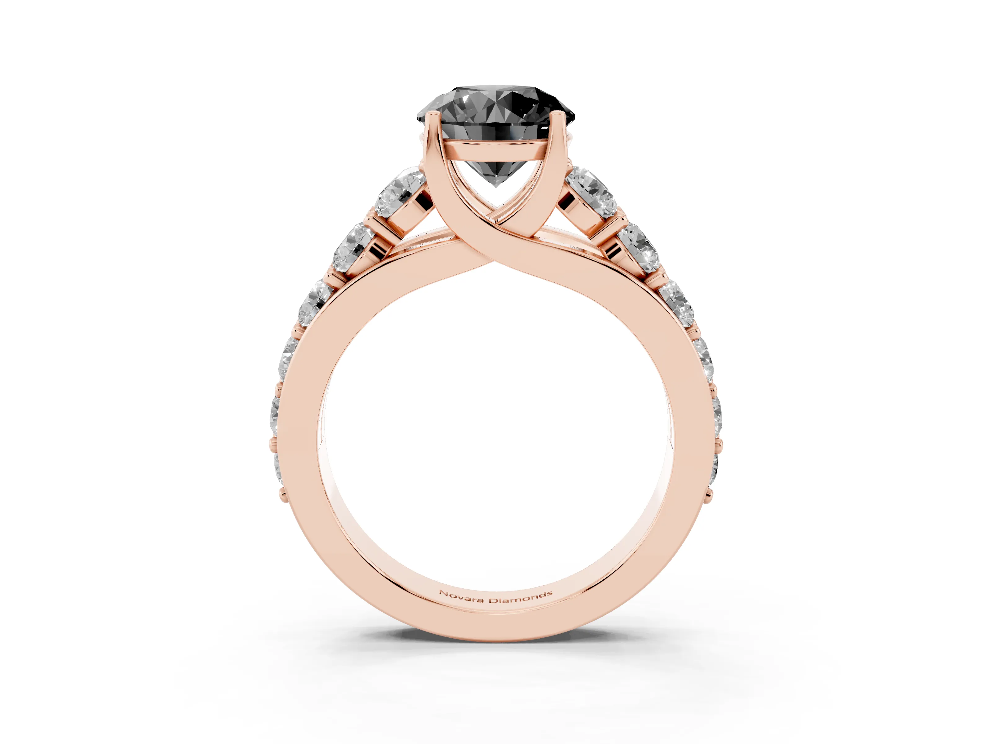 Fancy Black Round Cut Diamond Pavé Engagement Ring Set in Rose gold with Prong Setting