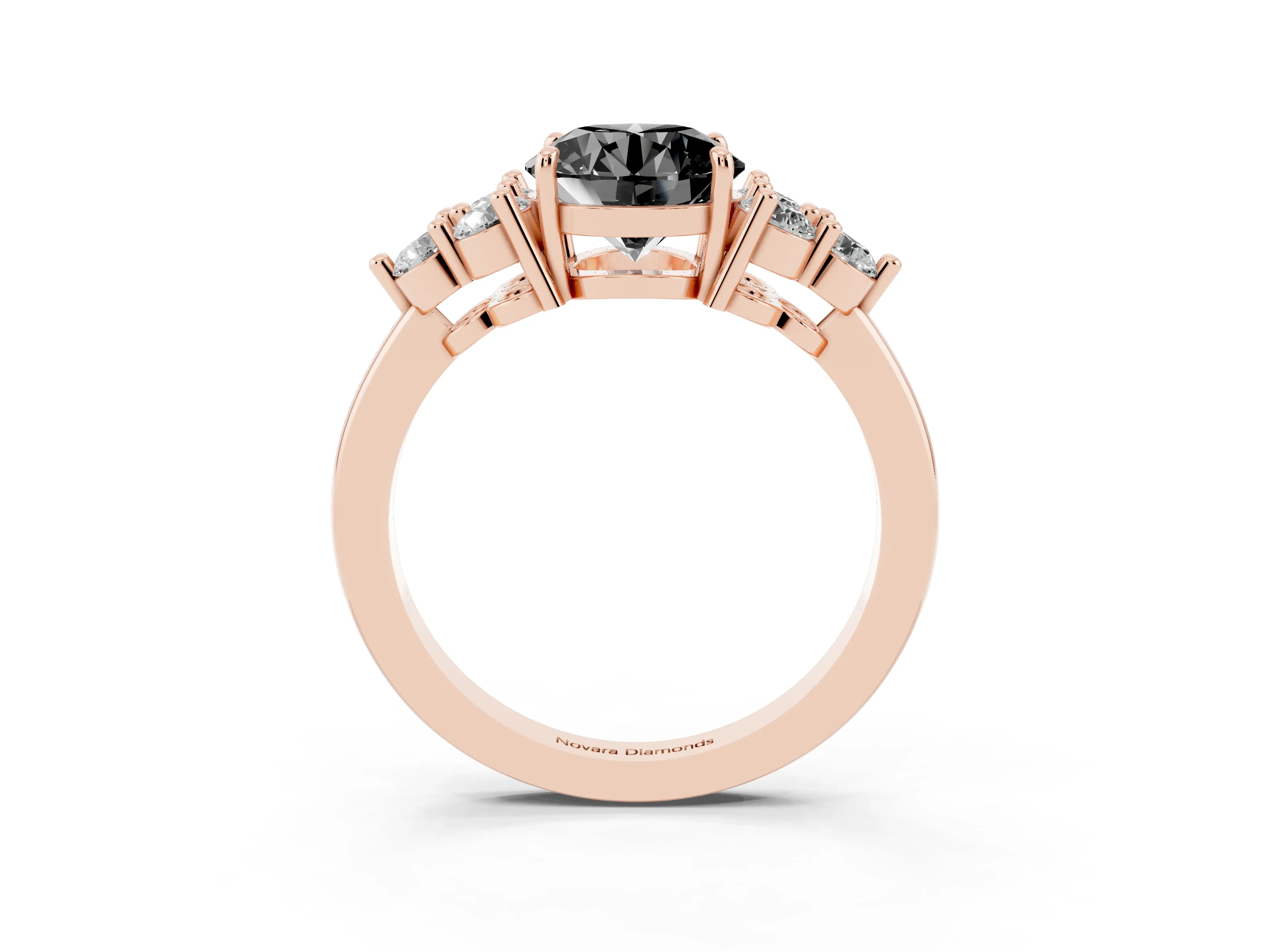 Fancy Black Round Cut Diamond Solitaire Ring Set in Rose gold with Cluster Accents on Each Side