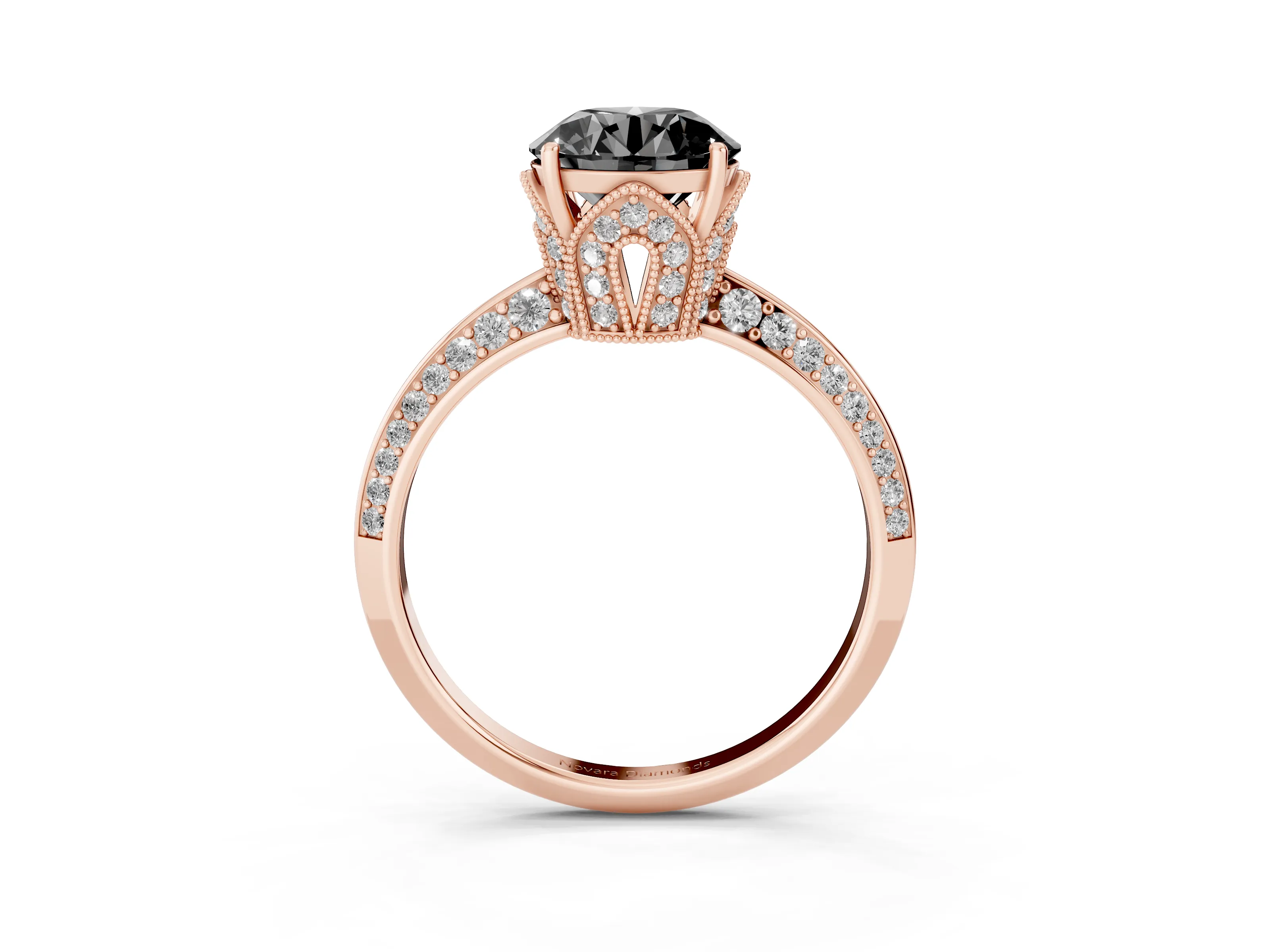 Fancy Black Round Cut Diamond Solitaire Engagement Ring Set in Rose gold with Pavé Split Shank and Prong Setting