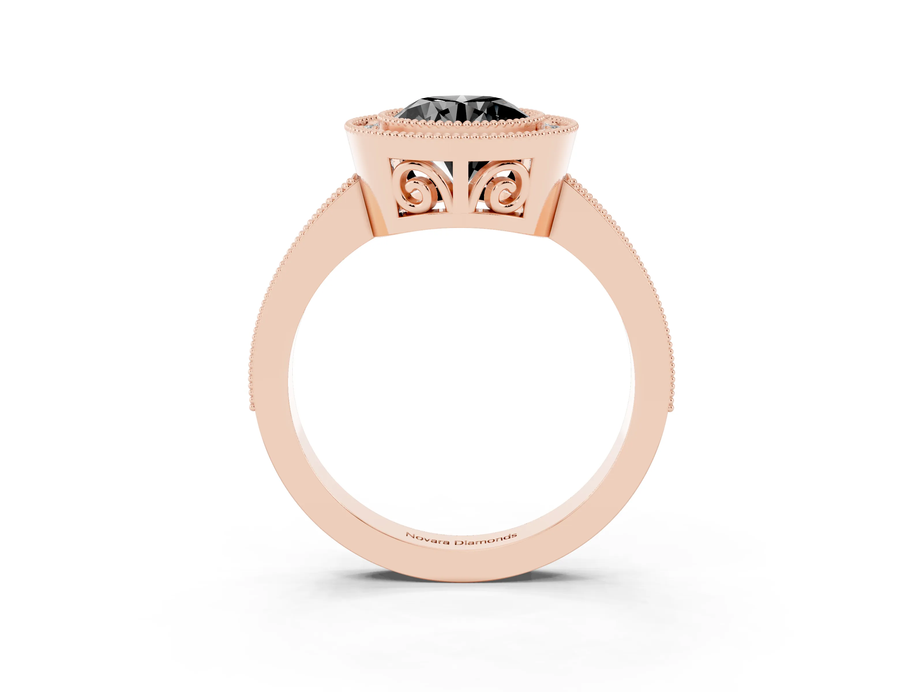 Fancy Black Round Cut Diamond Round Halo Ring Set in Rose gold with Pavé Band
