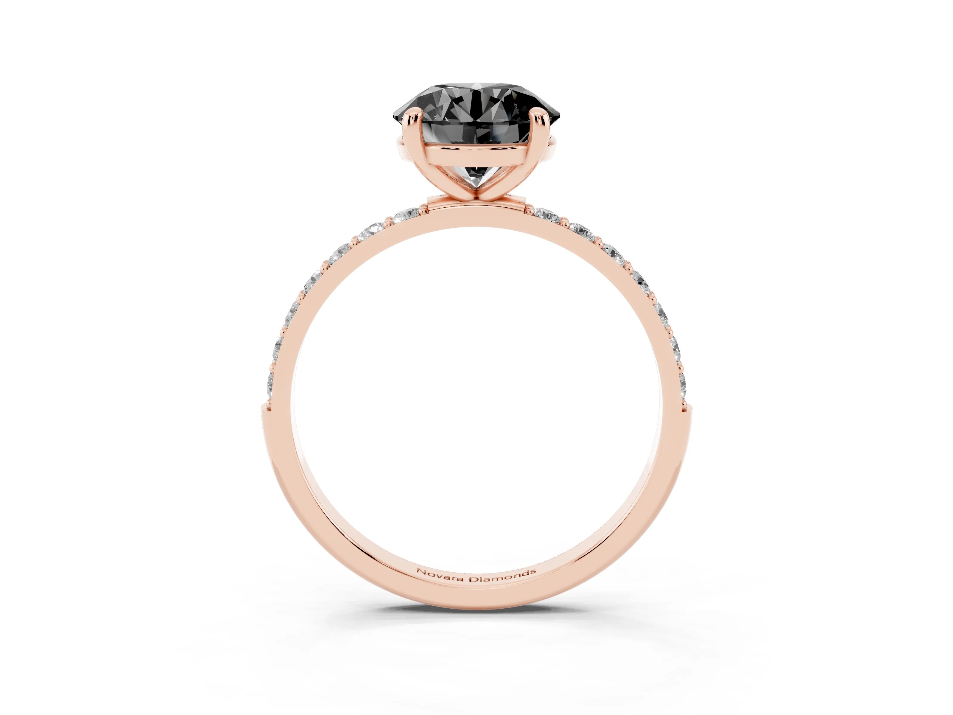 Fancy Black Round Cut Diamond Solitaire Ring Set in Rose gold with Round Pavé Band and Prong Setting