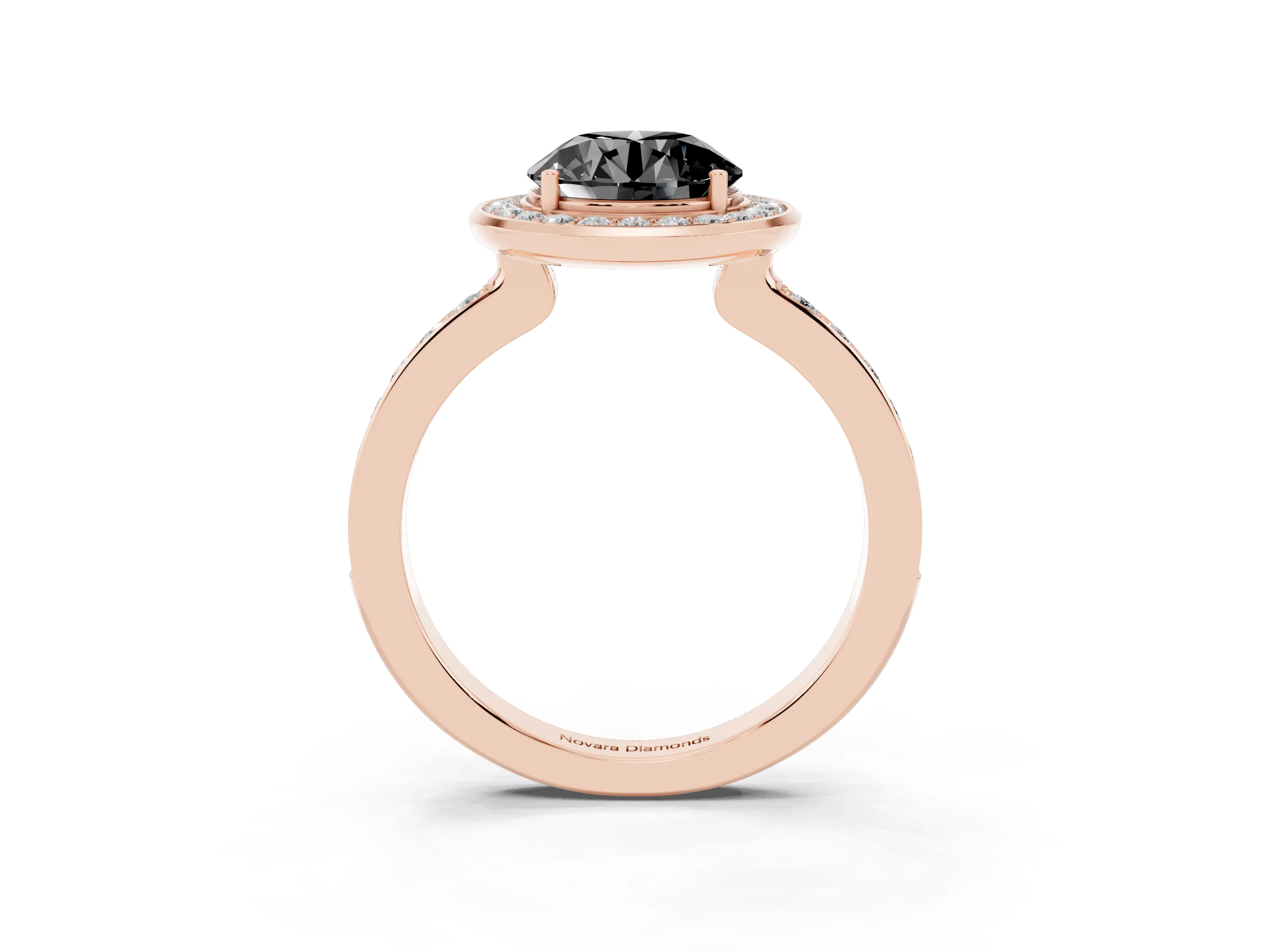 Fancy Black Round Cut Diamond Halo Ring Set in Rose gold with Bezel Frame and Pavé Band