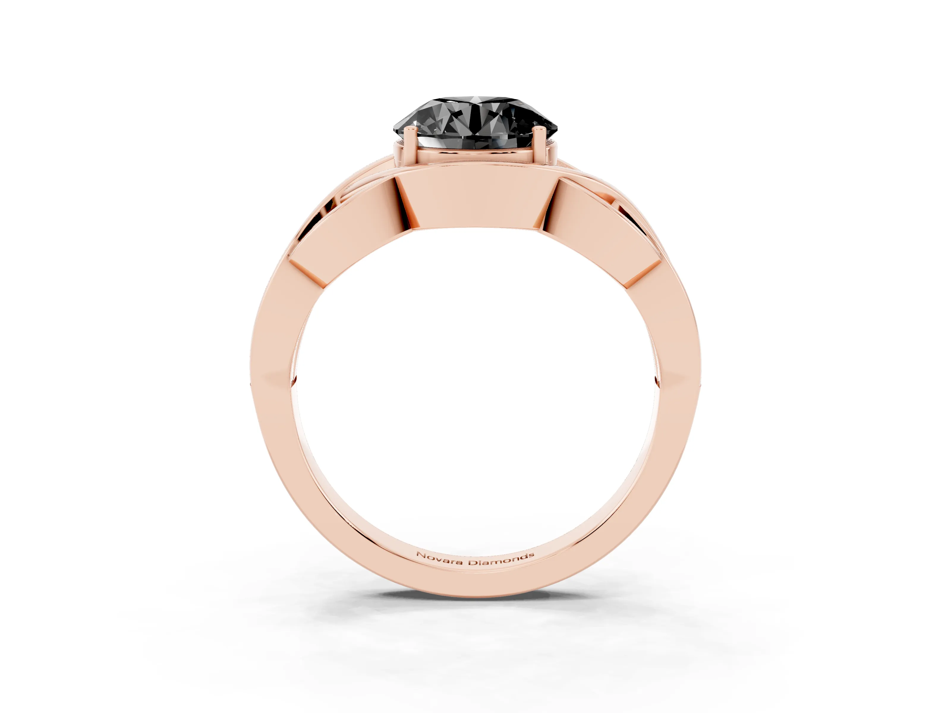 Fancy Black Round Cut Diamond Solitaire Ring Set in Rose gold with Intertwined Band