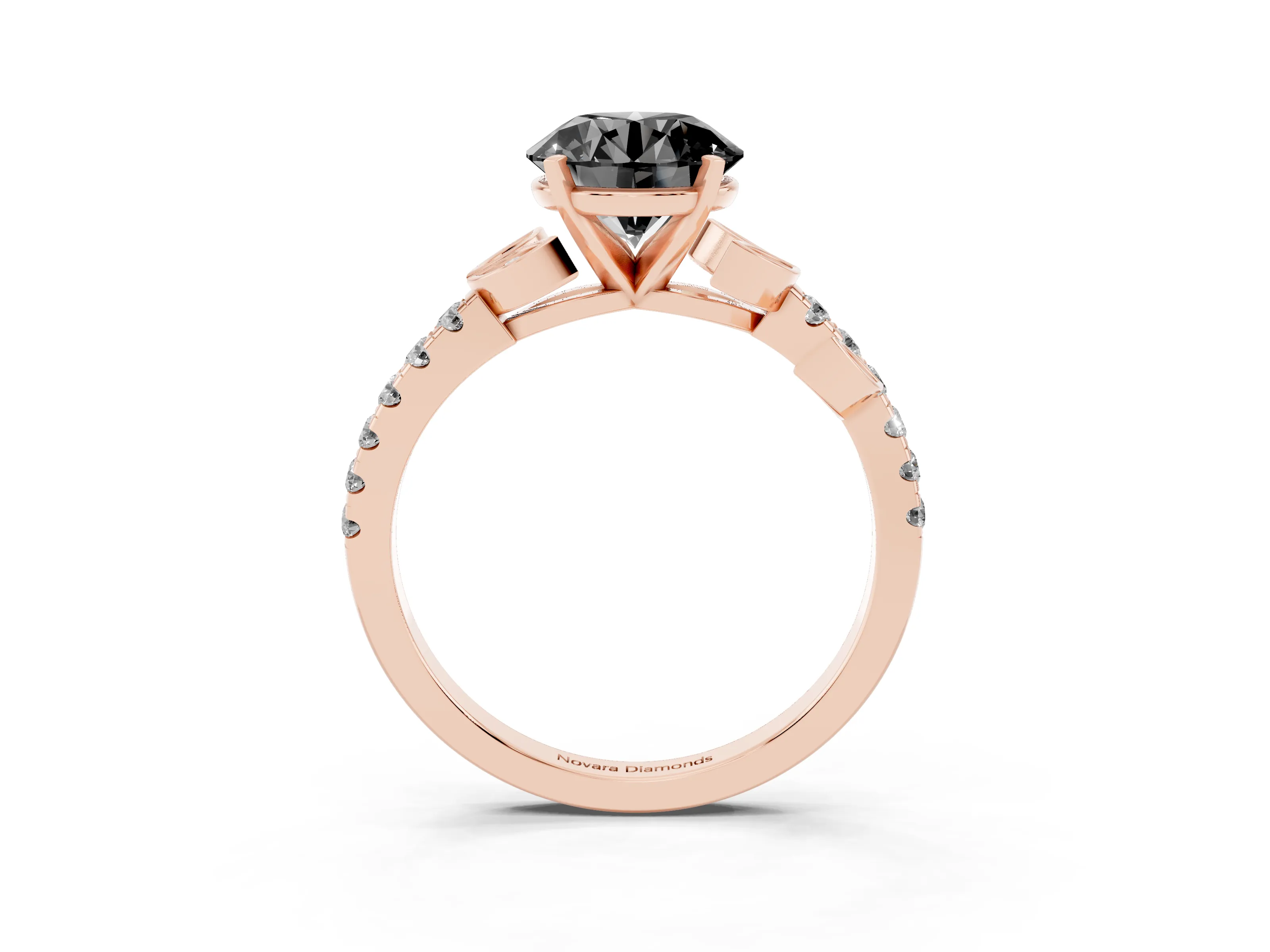Fancy Black Round Cut Diamond Solitaire Leaf-Inspired Ring Set in Rose gold with Pavé Band and Prong Setting