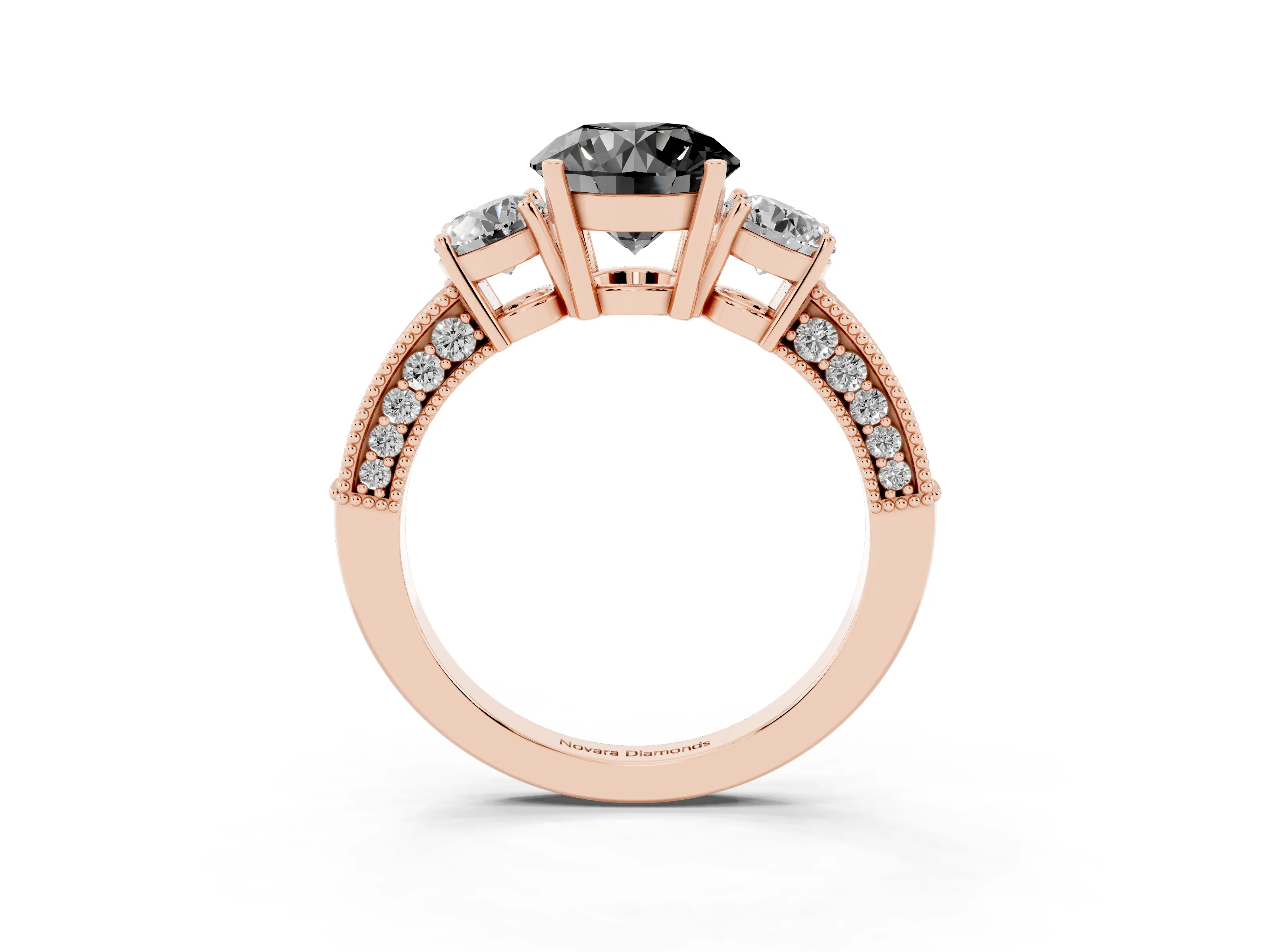 Fancy Black Round Cut Diamond Three-Stone Ring Set in Rose gold with Round Side Stones and Pavé Band