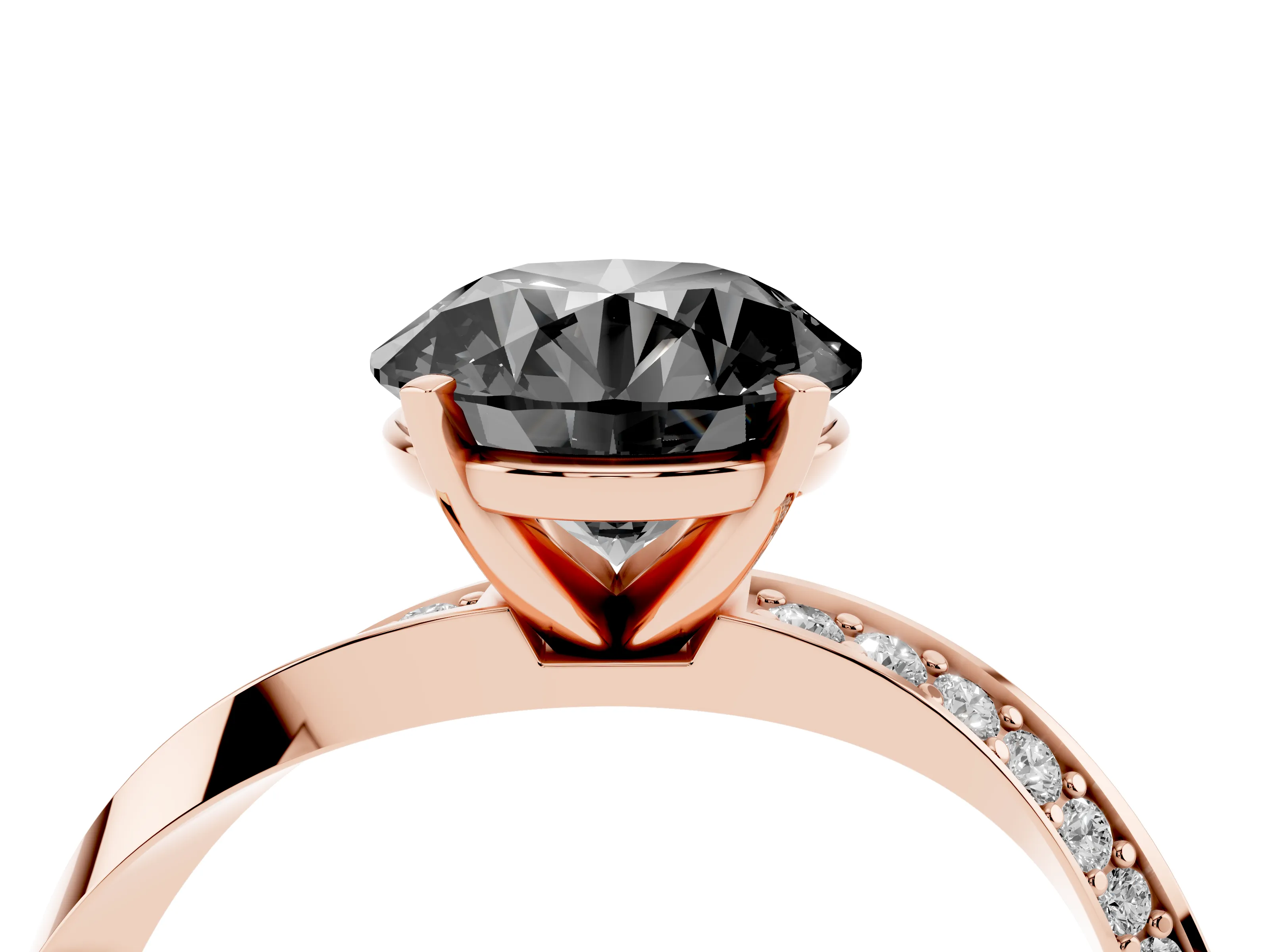 Fancy Black Round Cut Diamond Engagement Ring Set in Rose gold with Side Stone Accents and Prong Setting