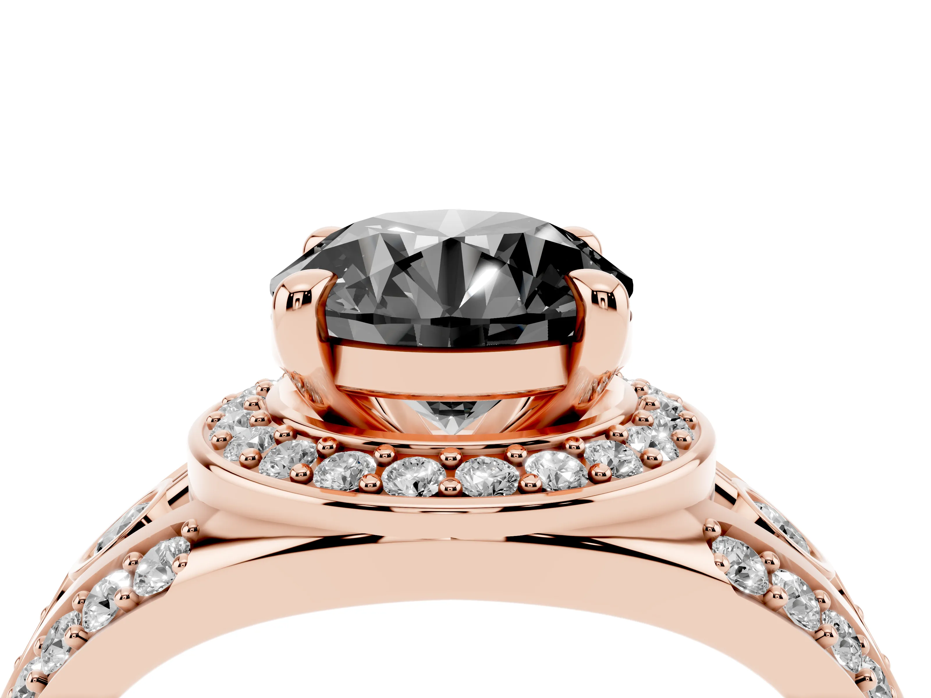 Fancy Black Round Cut Diamond Halo Ring Set in Rose gold with Pavé Split Shank and Bezel Accents