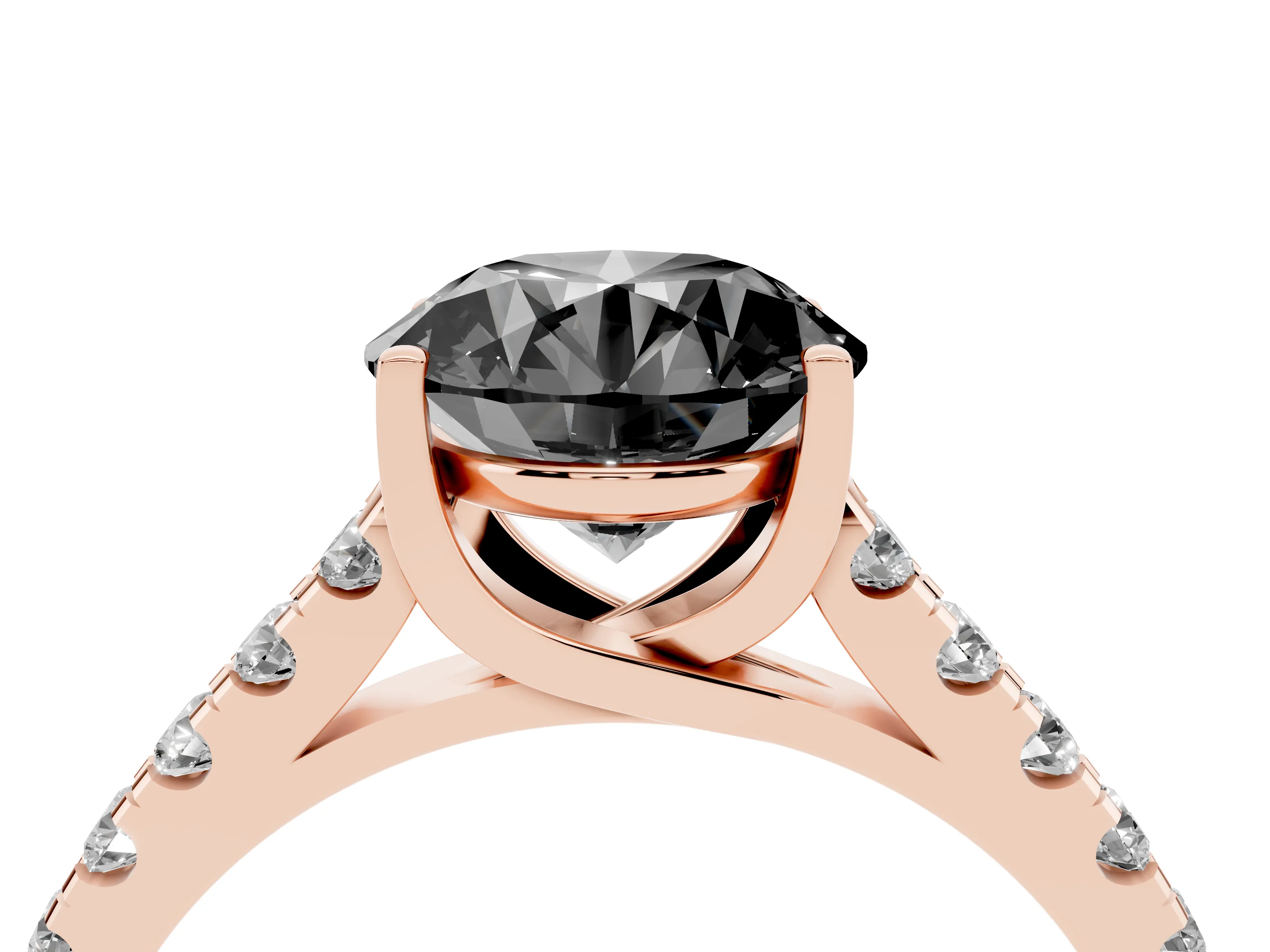Fancy Black Round Cut Diamond Pavé Band Solitaire Ring Set in Rose gold with Partway Accent Stones and Prong Setting