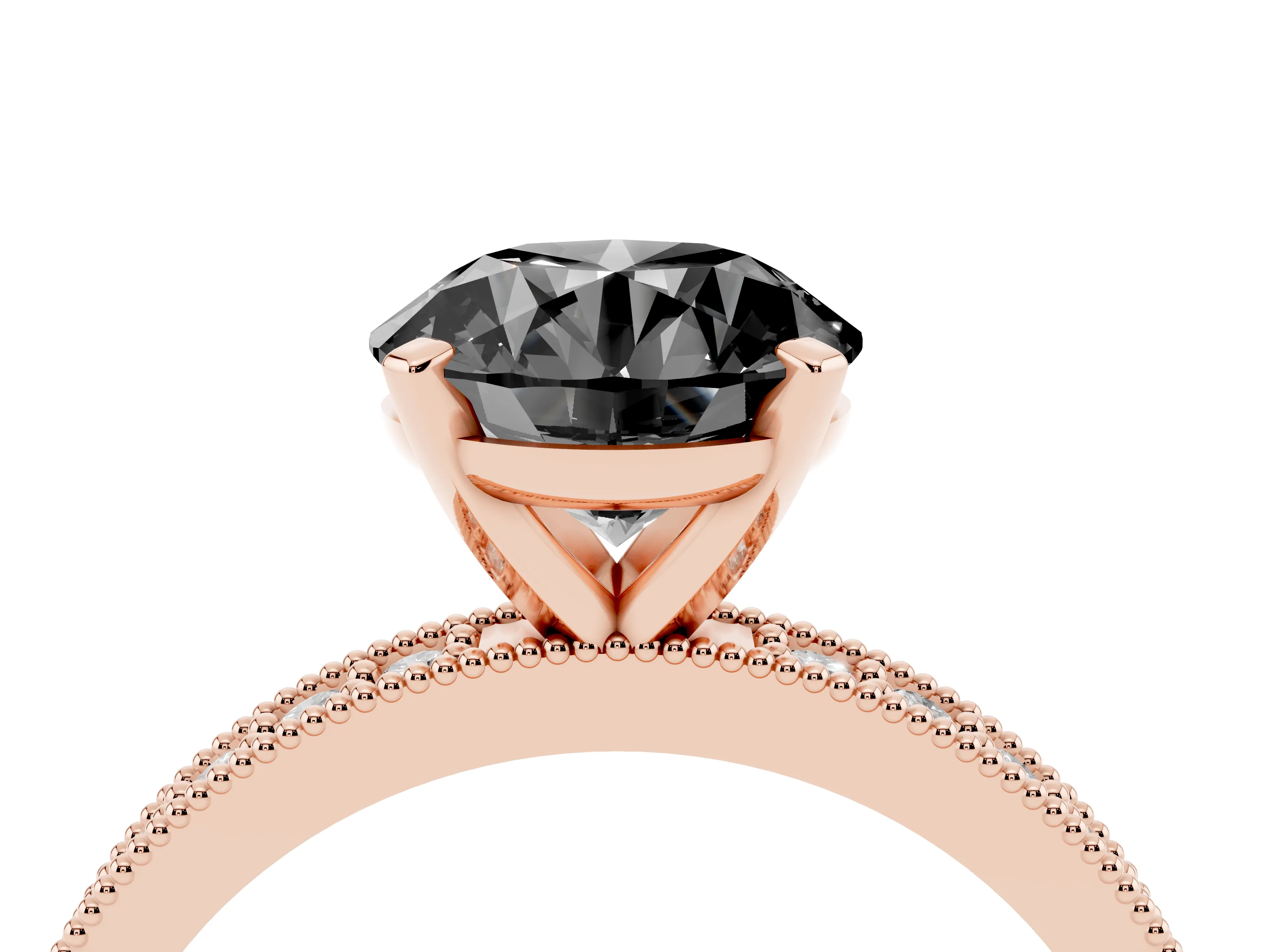 Fancy Black Round Cut Diamond Milgrain Pavé Engagement Ring Set in Rose gold with Prong Setting
