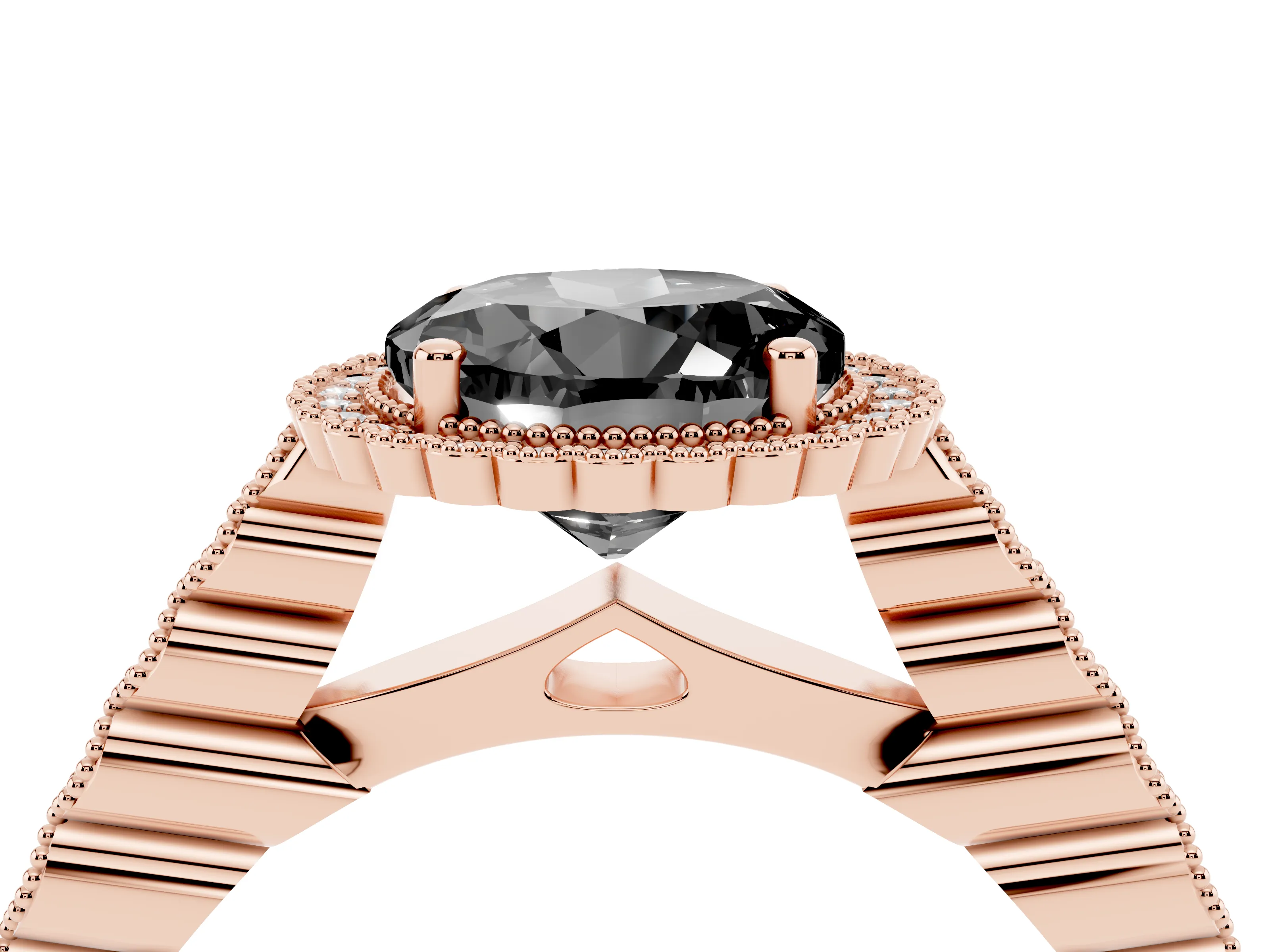 Fancy Black Round Cut Diamond Halo Ring Set in Rose gold with Pavé Milgrain Band