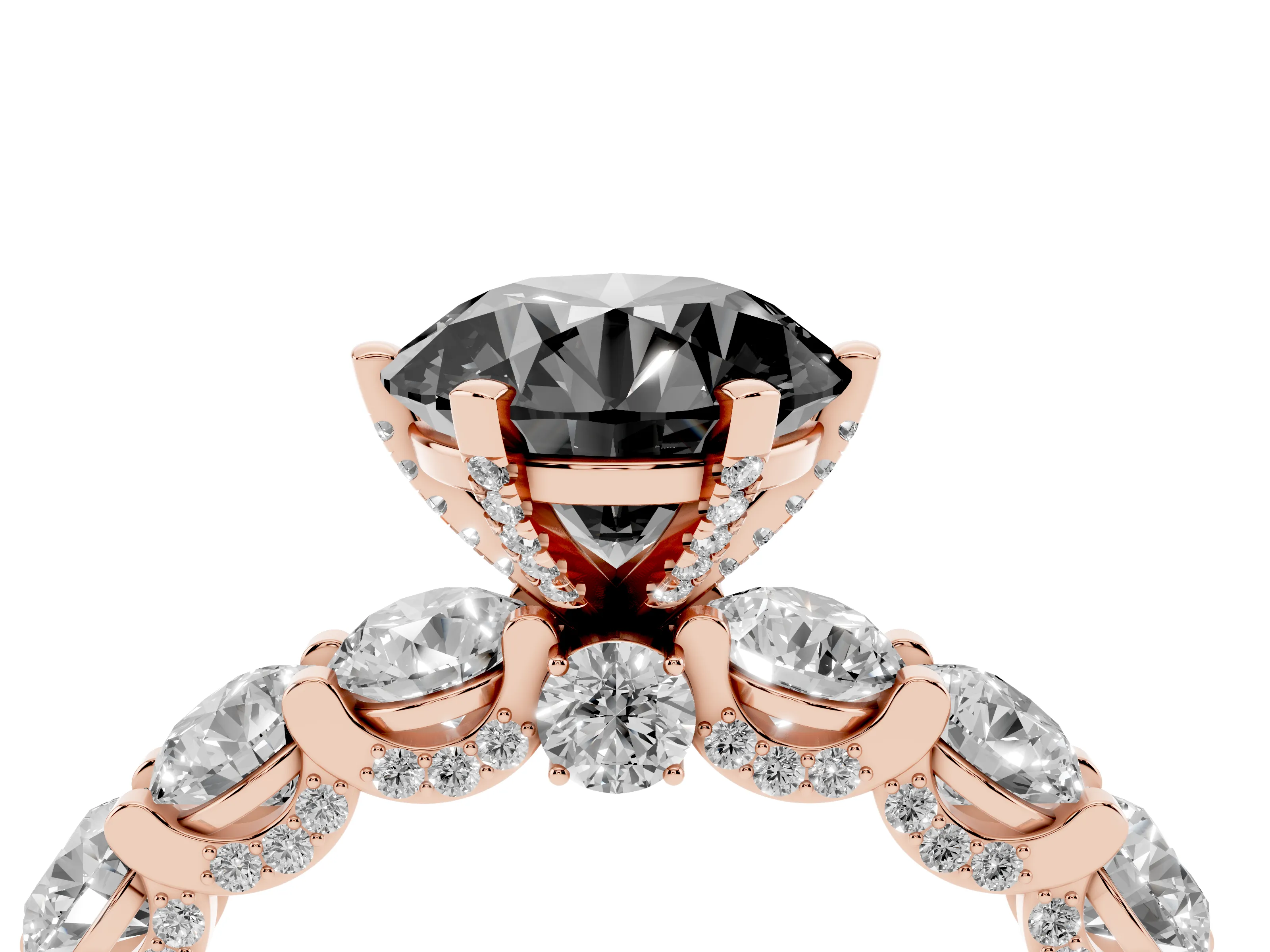 Fancy Black Round Cut Diamond Side Stone Ring Set in Rose gold with Alternating Round and Oval Side Stones