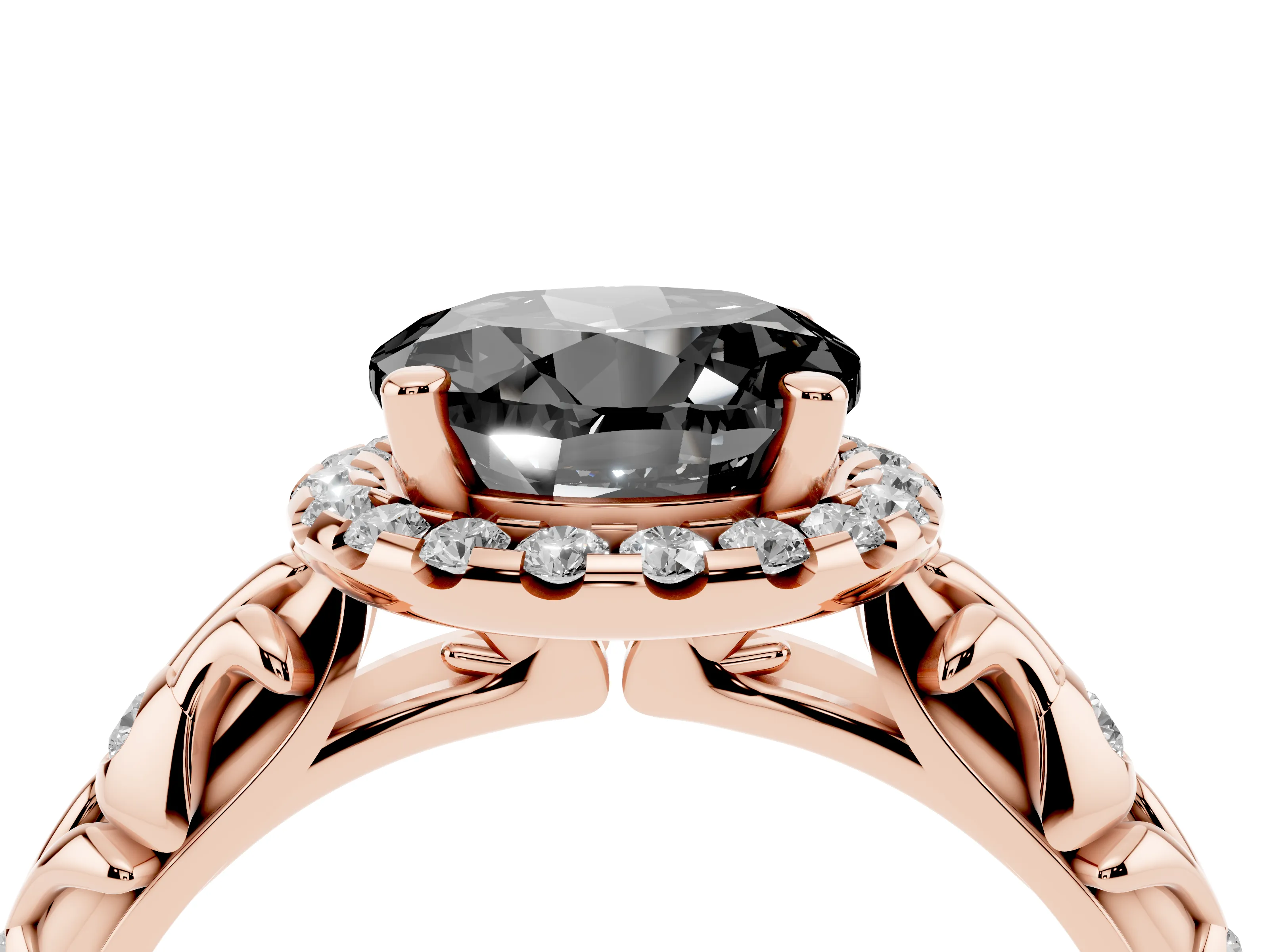 Fancy Black Round Cut Diamond Halo Ring Set in Rose gold with Filigree Leaf Band and Prong Setting