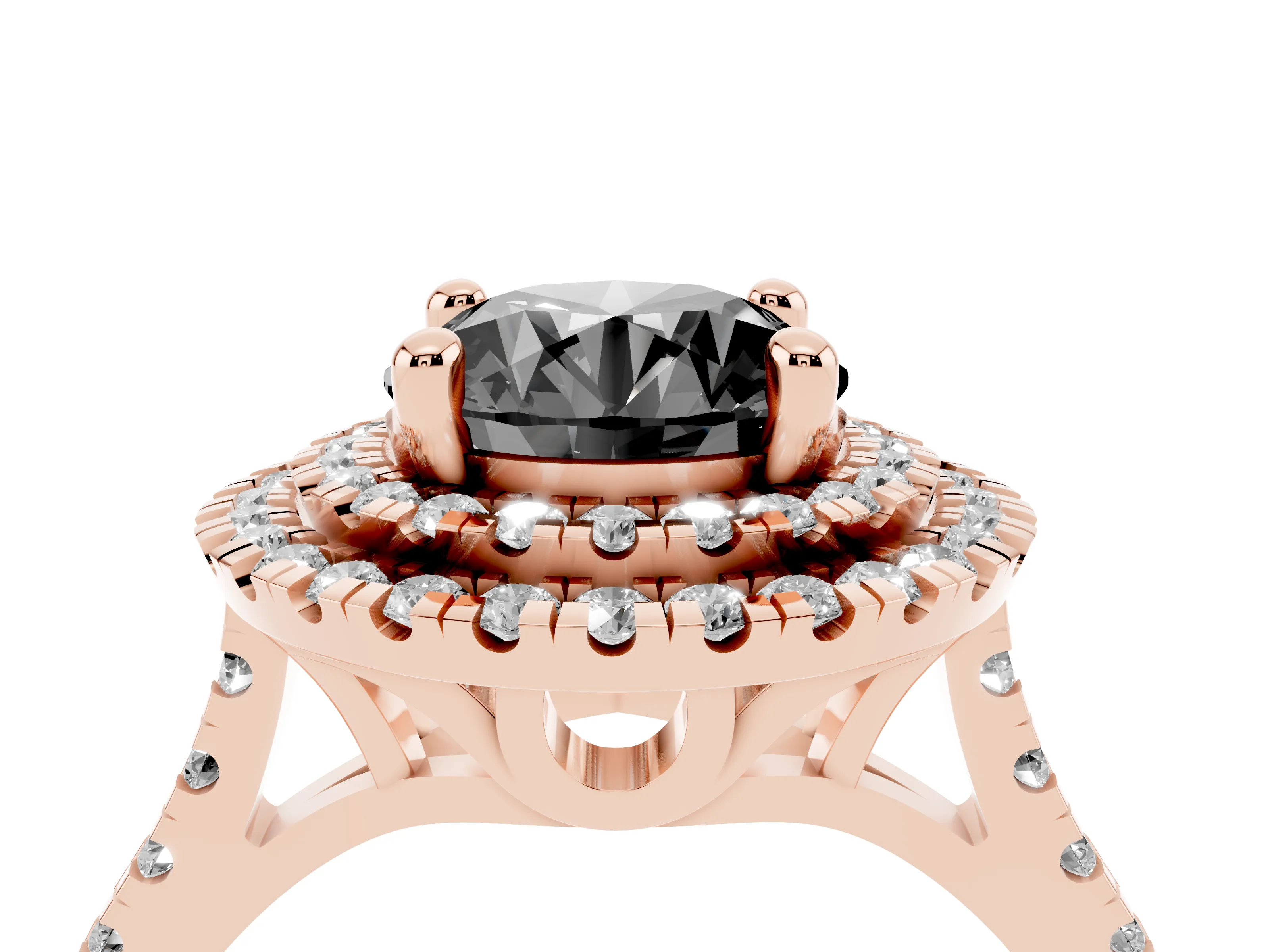 Fancy Black Round Cut Diamond Double Halo Statement Ring Set in Rose gold with Pavé Band