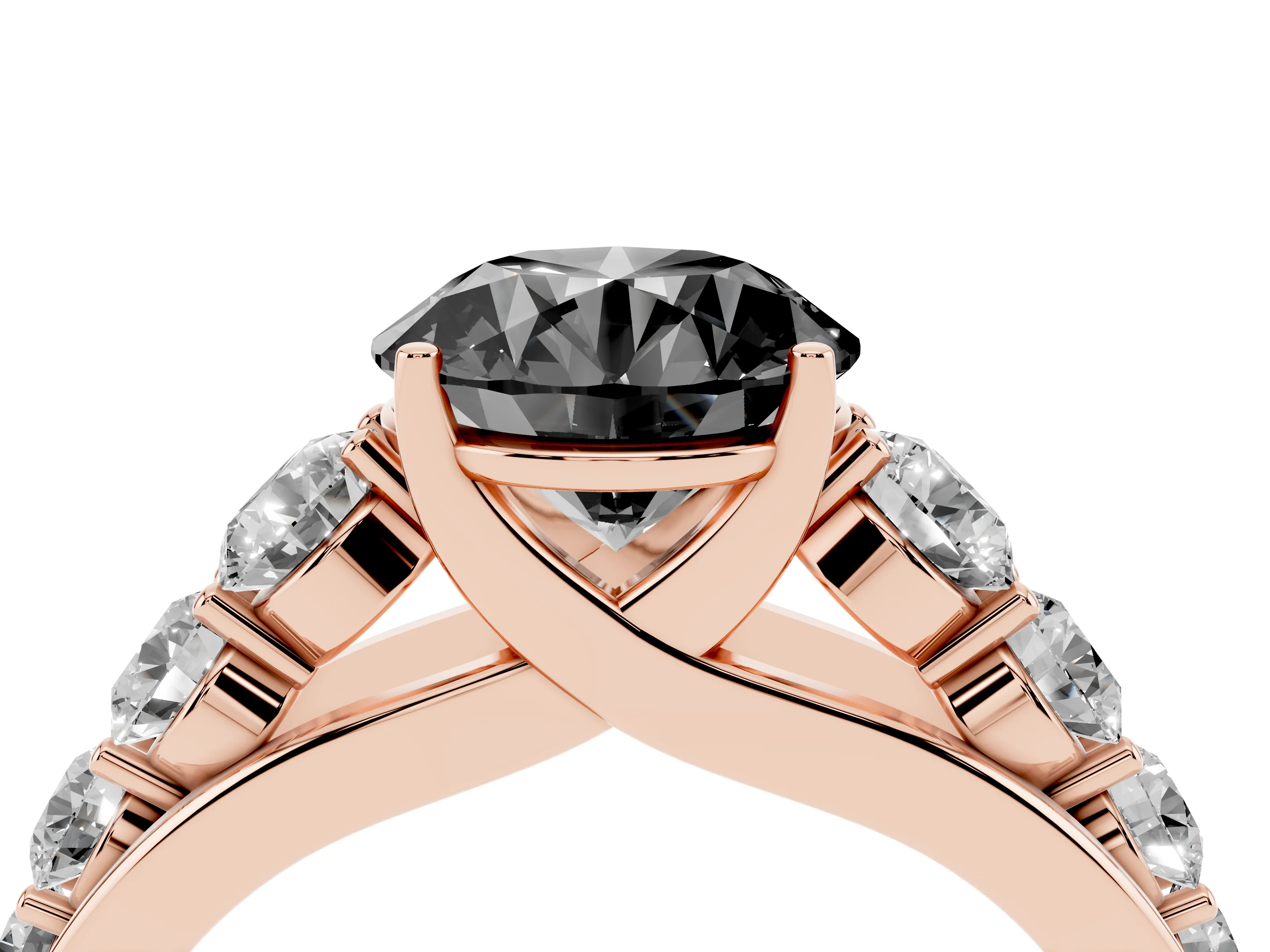 Fancy Black Round Cut Diamond Solitaire Ring Set in Rose gold with Pavé-Set Band and Prong Setting