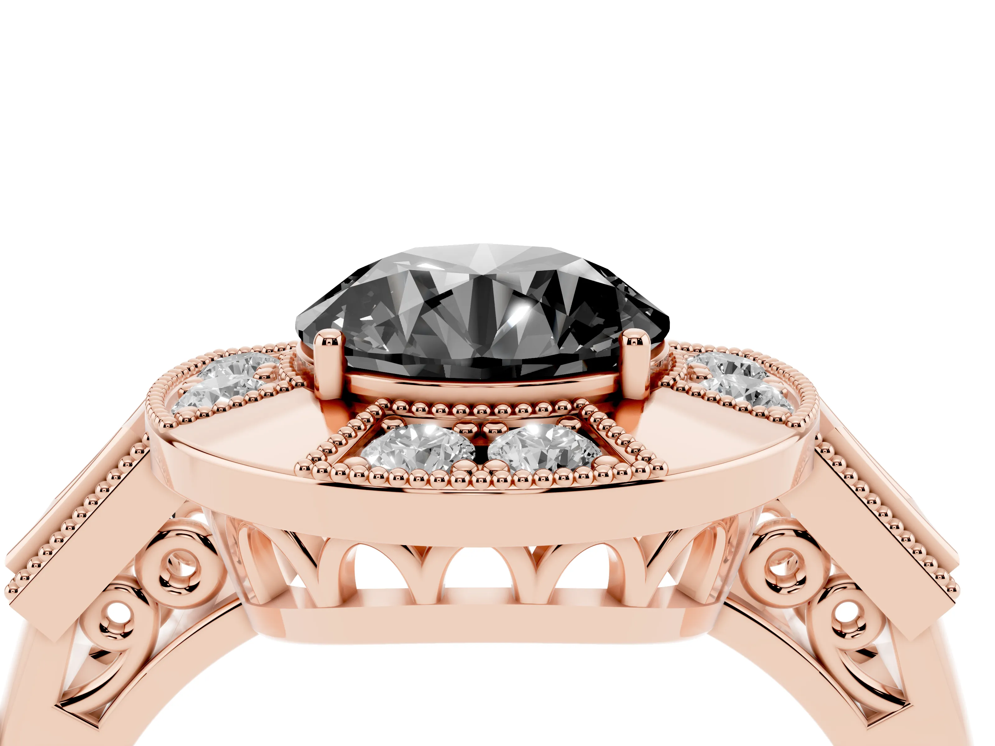 Fancy Black Round Cut Diamond Milgrain Halo Ring Set in Rose gold with Split Shank
