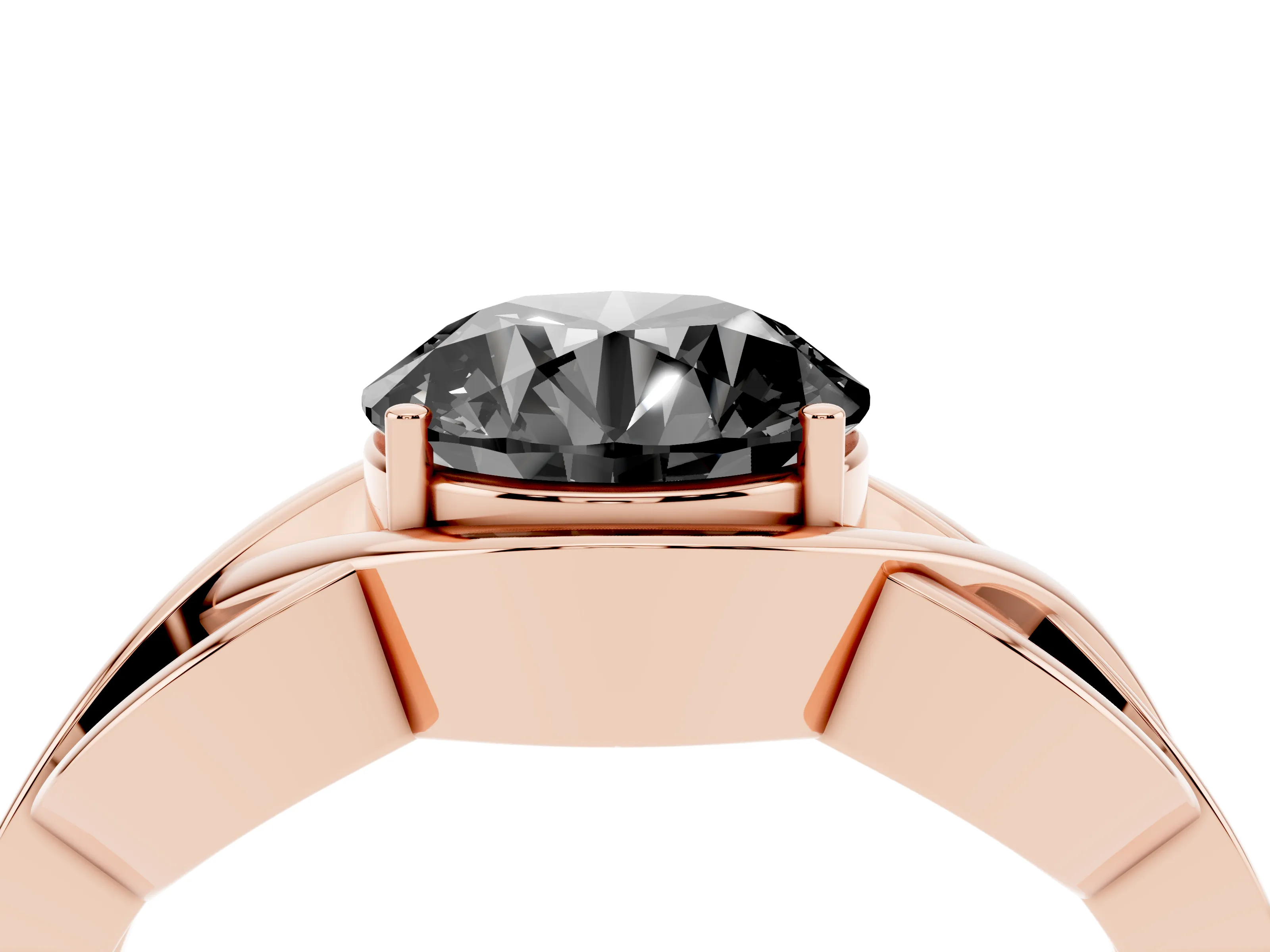 Fancy Black Round Cut Diamond Solitaire Ring Set in Rose gold with Intertwined Band