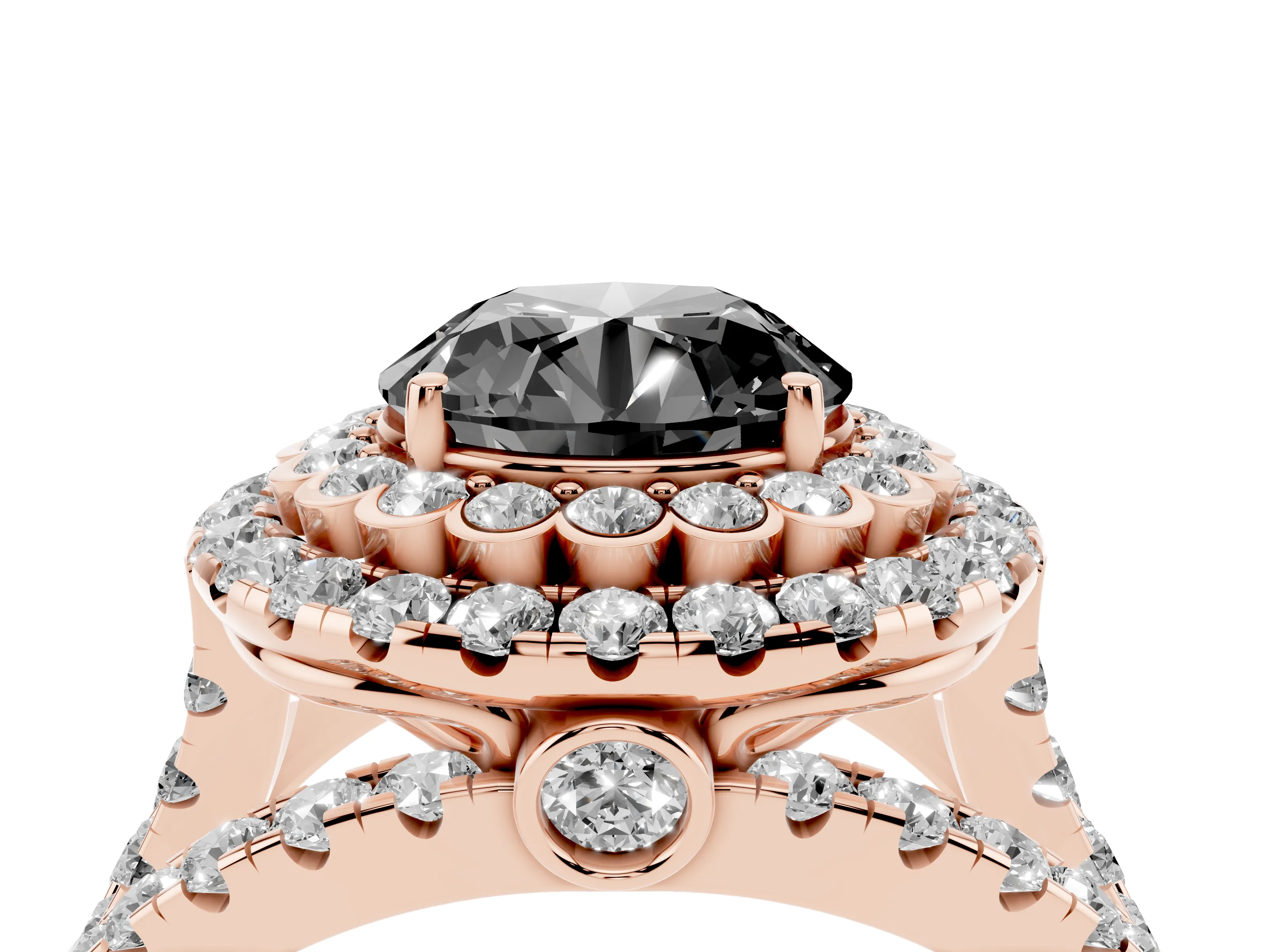 Fancy Black Round Cut Diamond Double Halo Ring Set in Rose gold with Round Pavé Split Shank