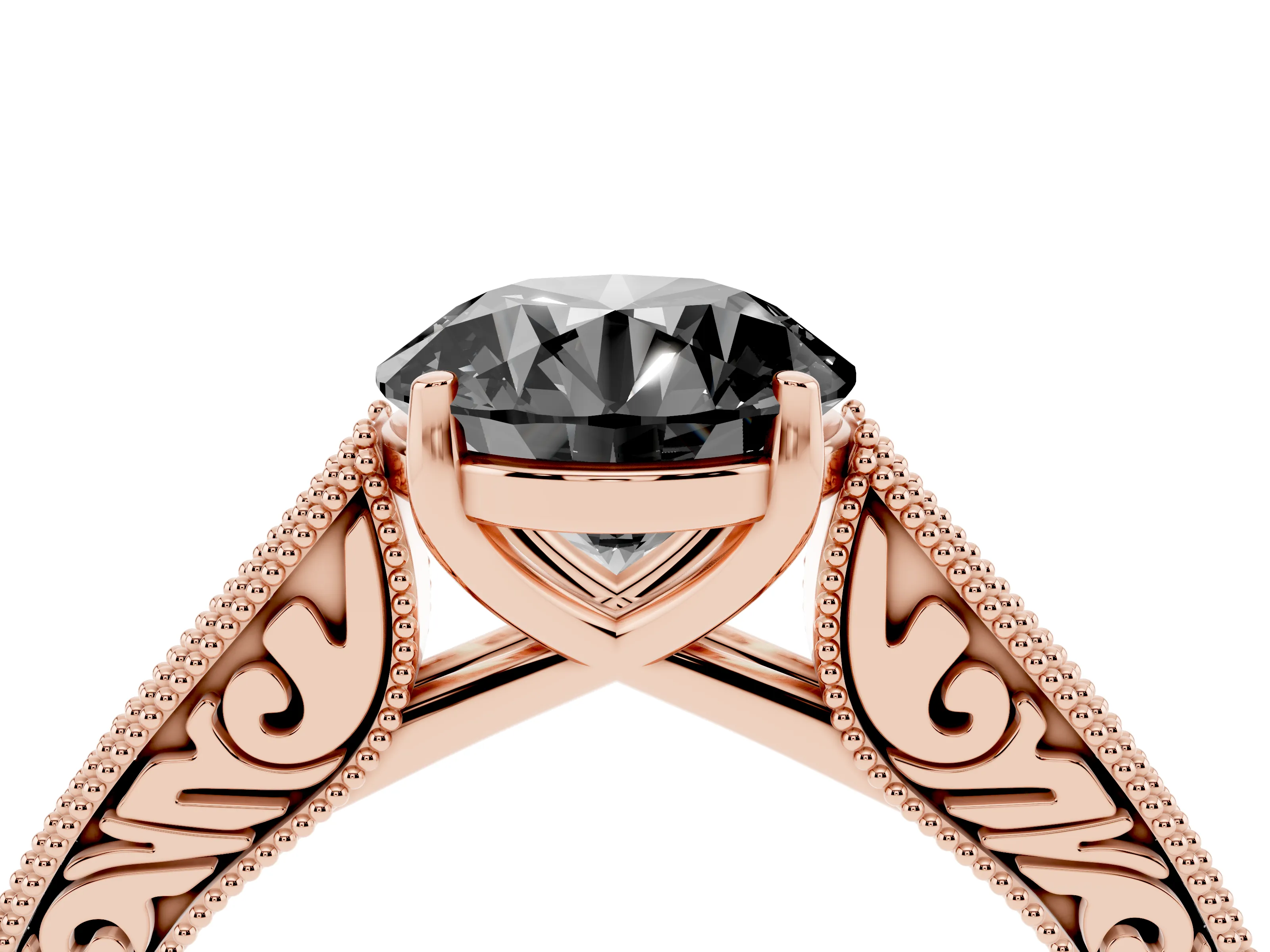 Fancy Black Round Cut Diamond Milgrain Pavé Band Solitaire Ring Set in Rose gold with Prong Setting