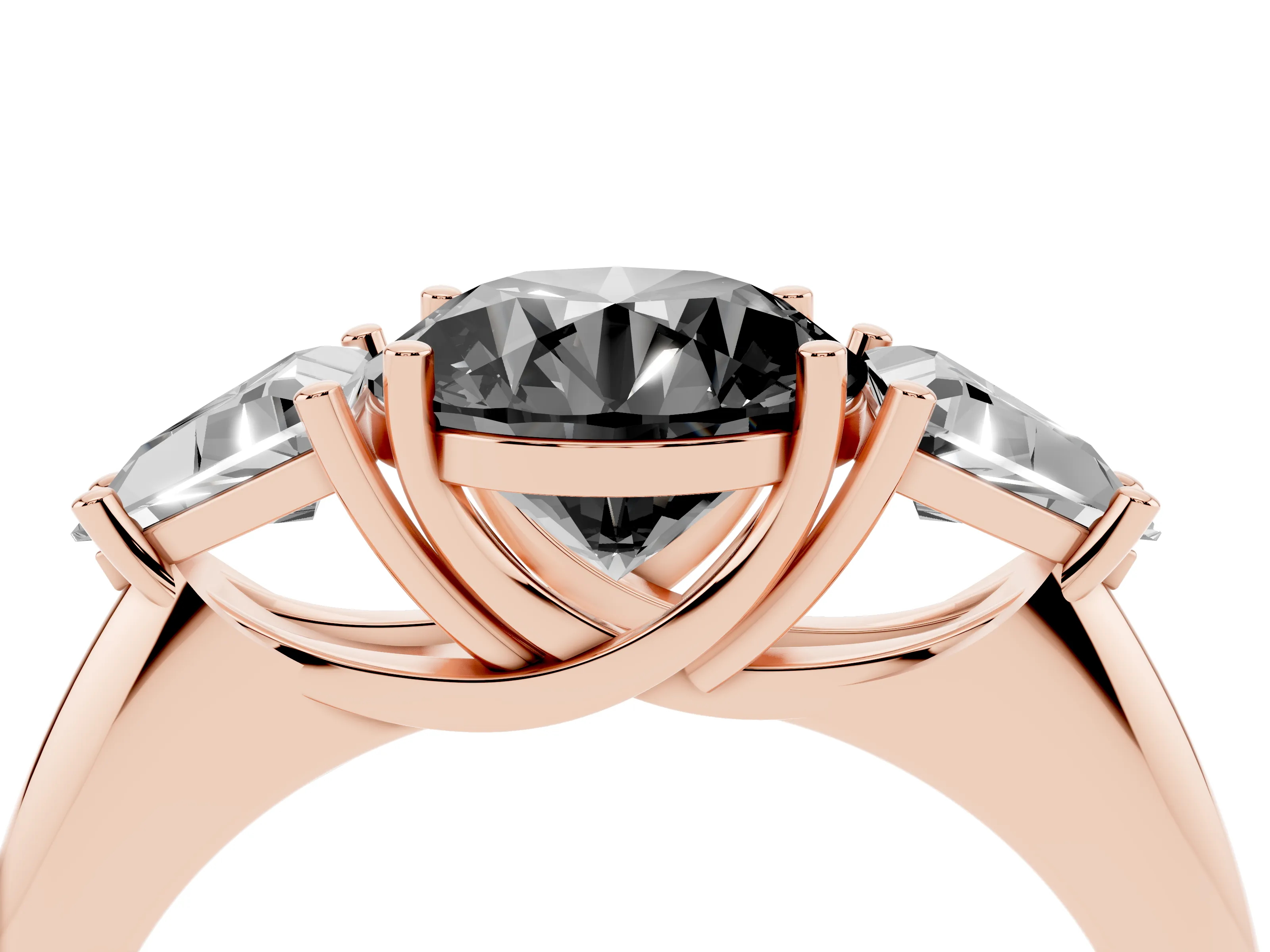 Fancy Black Round Cut Diamond Three-Stone Engagement Ring Set in Rose gold with Trillion Side Stones