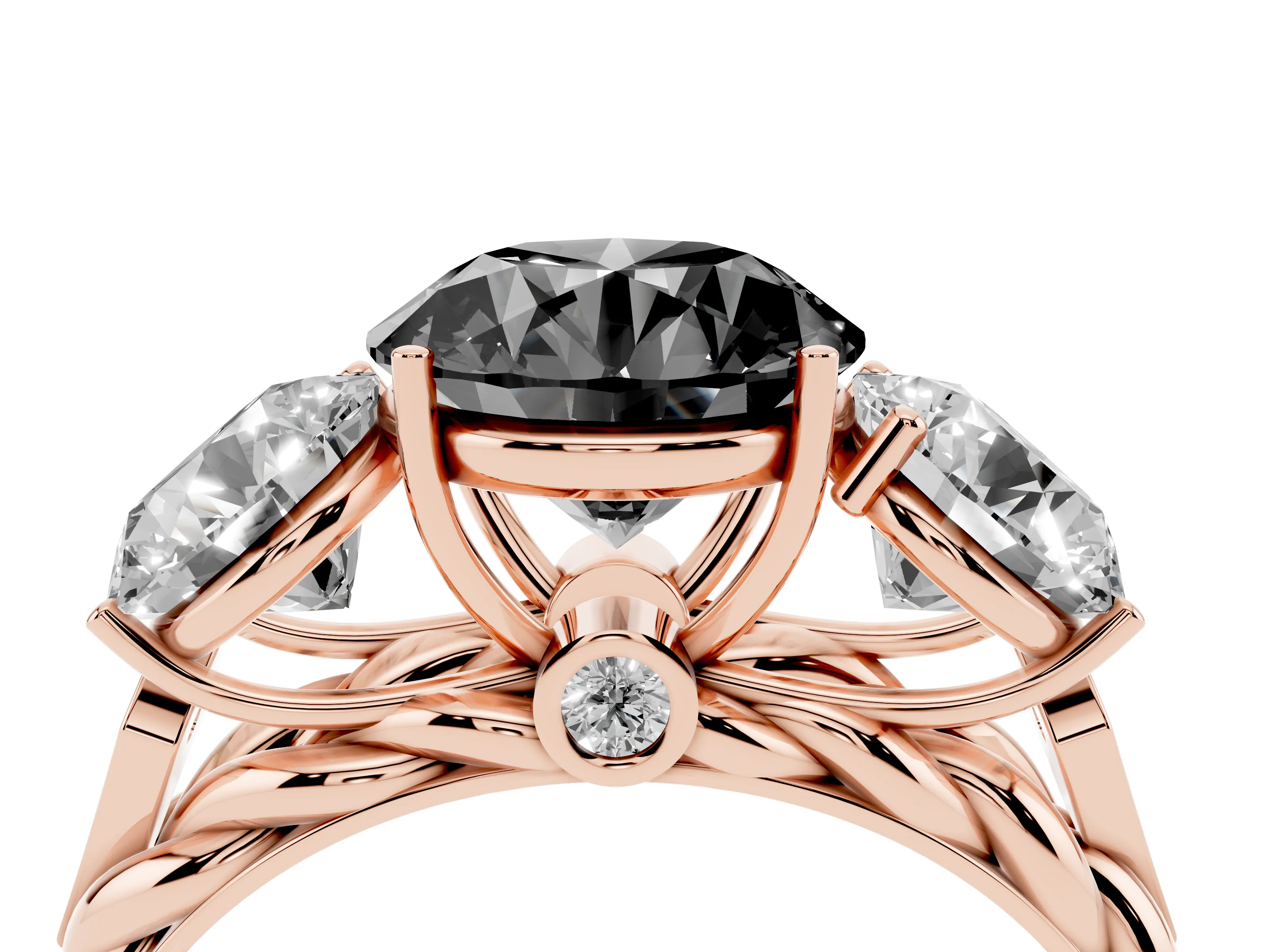 Fancy Black Round Cut Diamond Three-Stone Ring Set in Rose gold with Braided Band