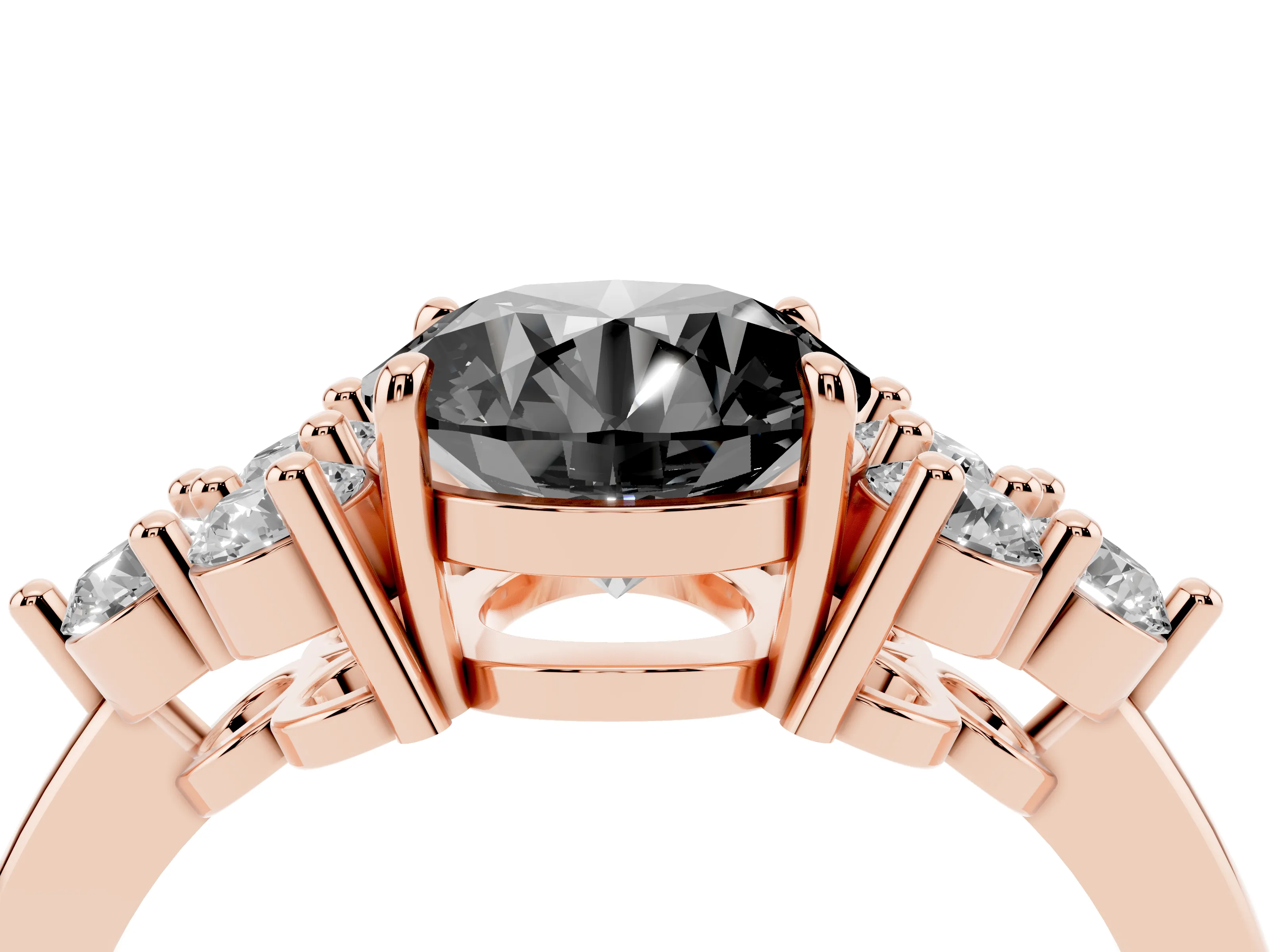 Fancy Black Round Cut Diamond Solitaire Ring Set in Rose gold with Cluster Accents on Each Side
