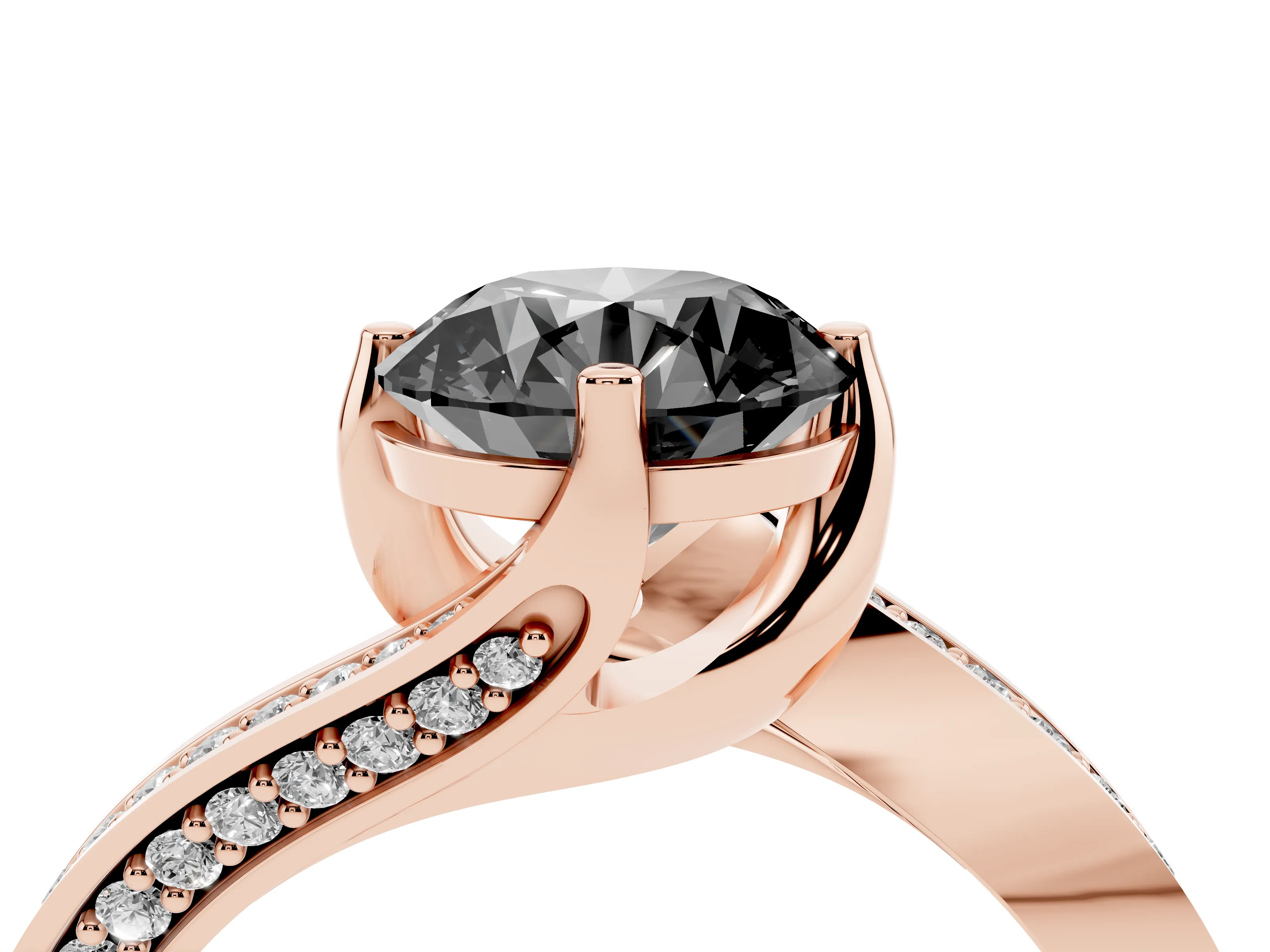 Fancy Black Round Cut Diamond Solitaire Ring Set in Rose gold with Intertwined Pavé Twist Band