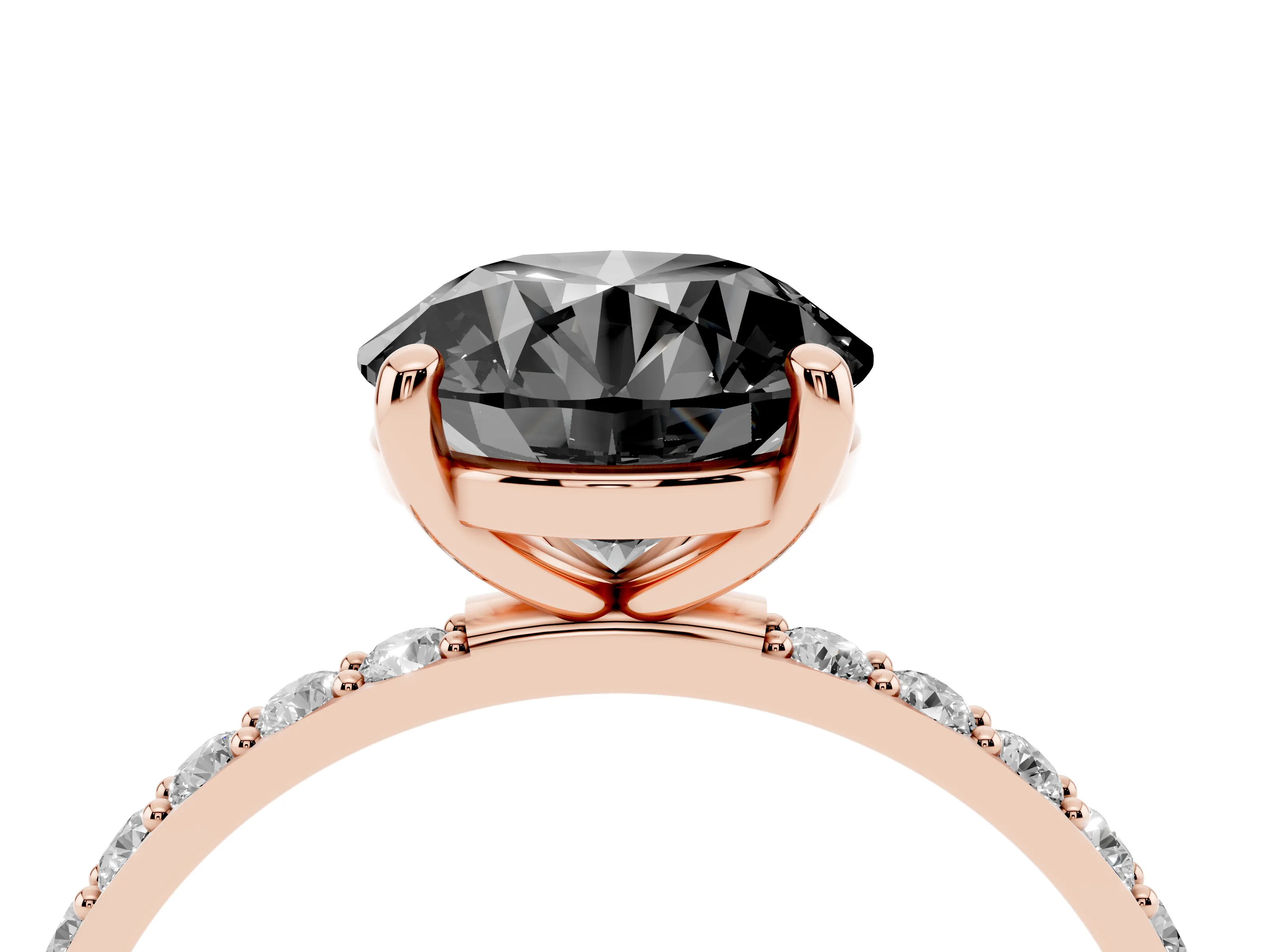 Fancy Black Round Cut Diamond Solitaire Ring Set in Rose gold with Round Pavé Band and Prong Setting