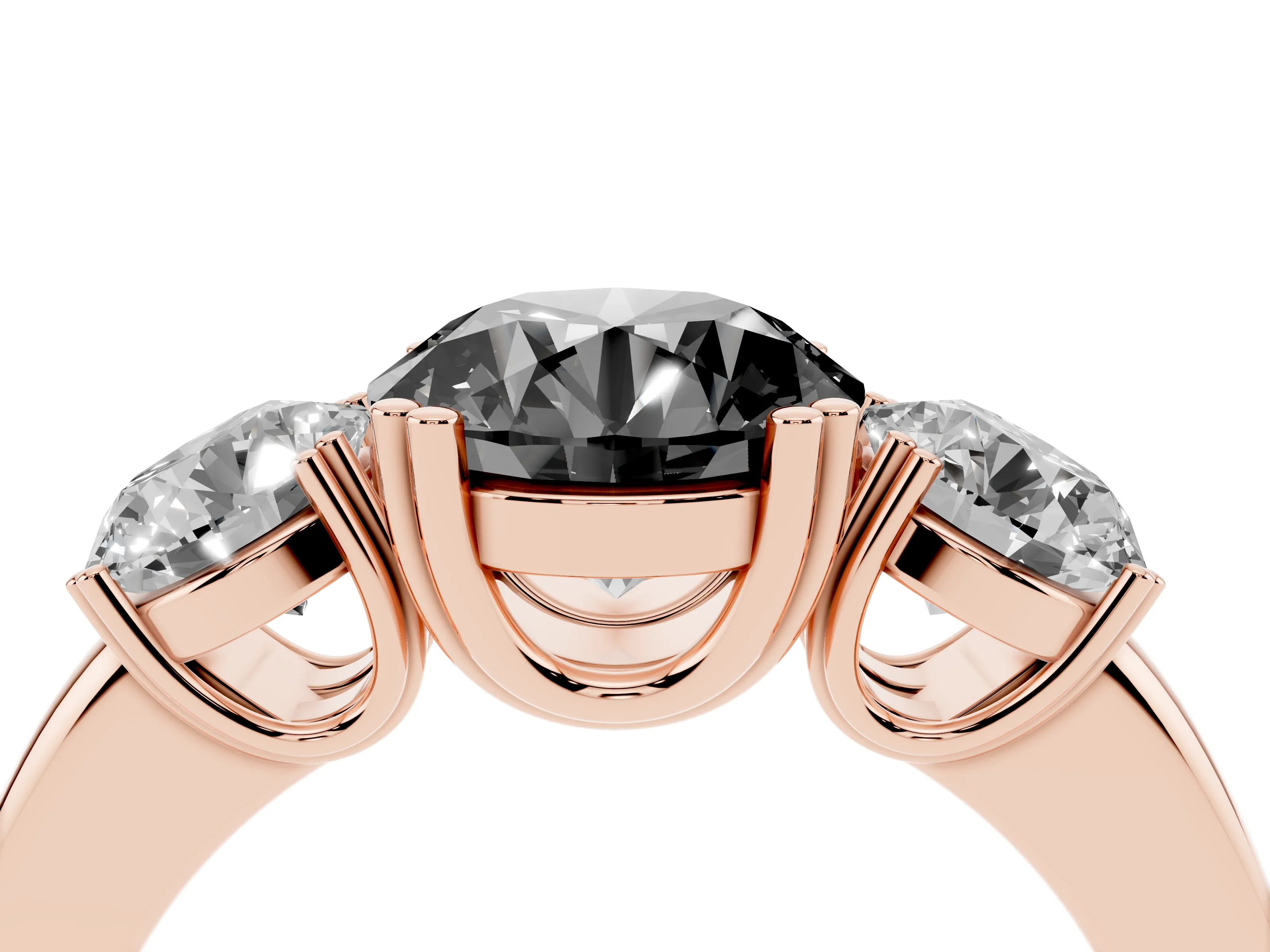 Fancy Black Round Cut Diamond Three-Stone Ring Set in Rose gold with Polished Channel-Set Band