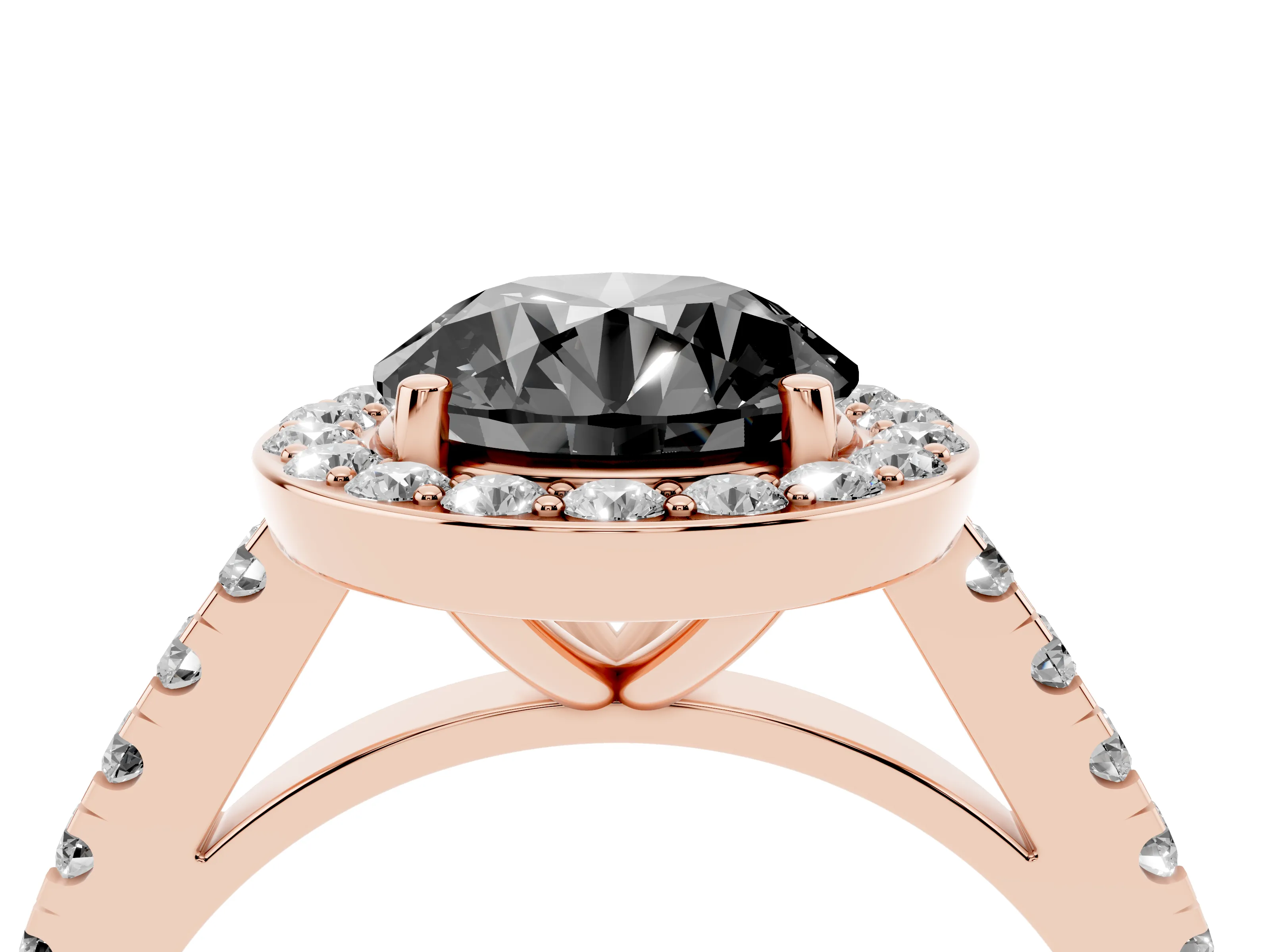 Fancy Black Round Cut Diamond Halo Ring Set in Rose gold with Round Pavé Split Shank and Prong Setting